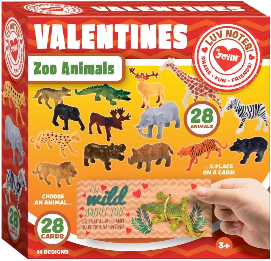 JOYIN 28Pack Valentines Day Gifts Cards with Zoo Animals Figures for Kids, Valentine Party Favors for Classroom Exchange, Valentine's Greeting Cards School Game Prize Toys