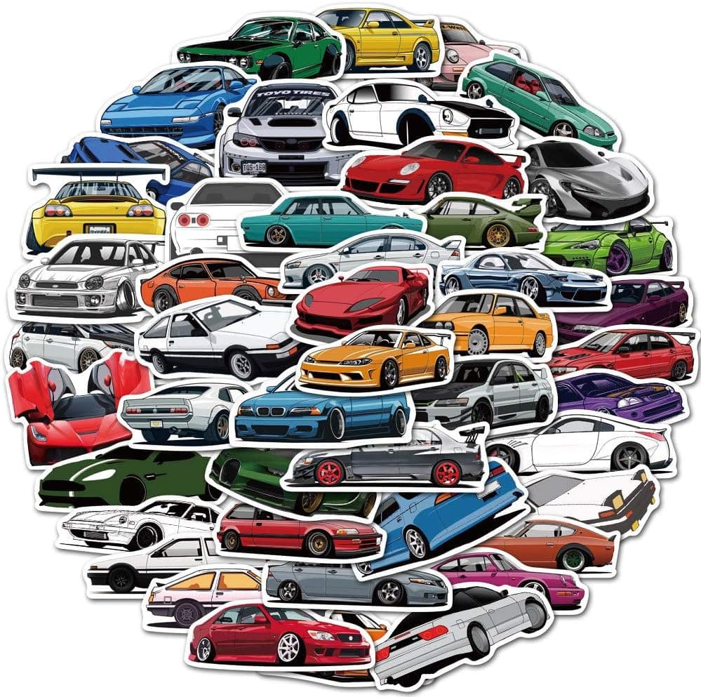 50 Packs Sport Car Racing Stickers Laptop Water Bottles Phone Computer Guitar Skateboard Hydroflasks Hellaflush JDM Race Vinyl Sticker Waterproof Aesthetic Trendy Decals for Adults Teens Girls