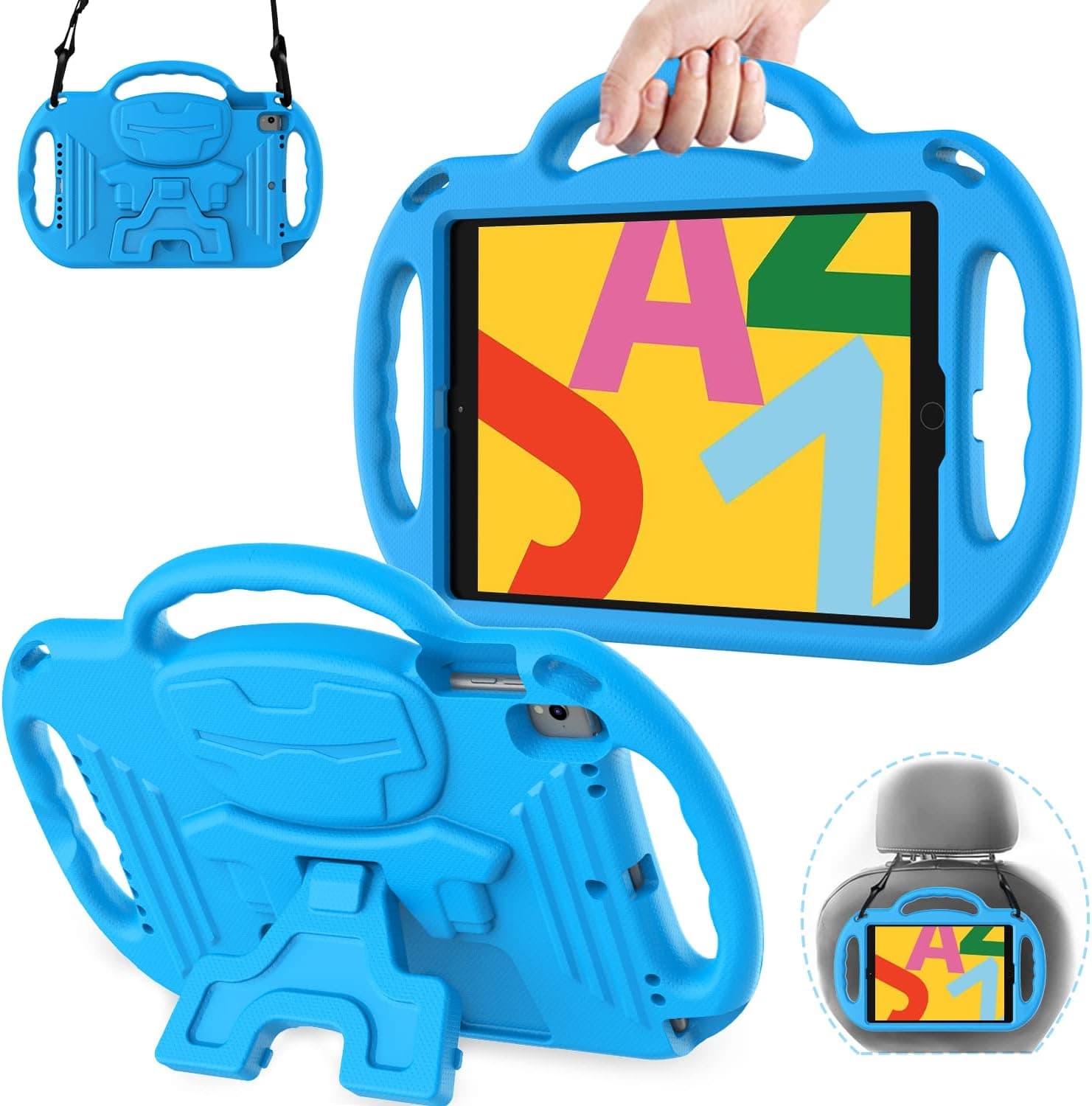 AVAWO Kids Case for iPad 10.2 9th & 8th & 7th Generation, iPad 10.2 2021/2020/2019 Case - with Shoulder Strap - Light Weight Shock Proof Handle Stand Kids Friendly Case for All iPad 10.2 inch, Blue