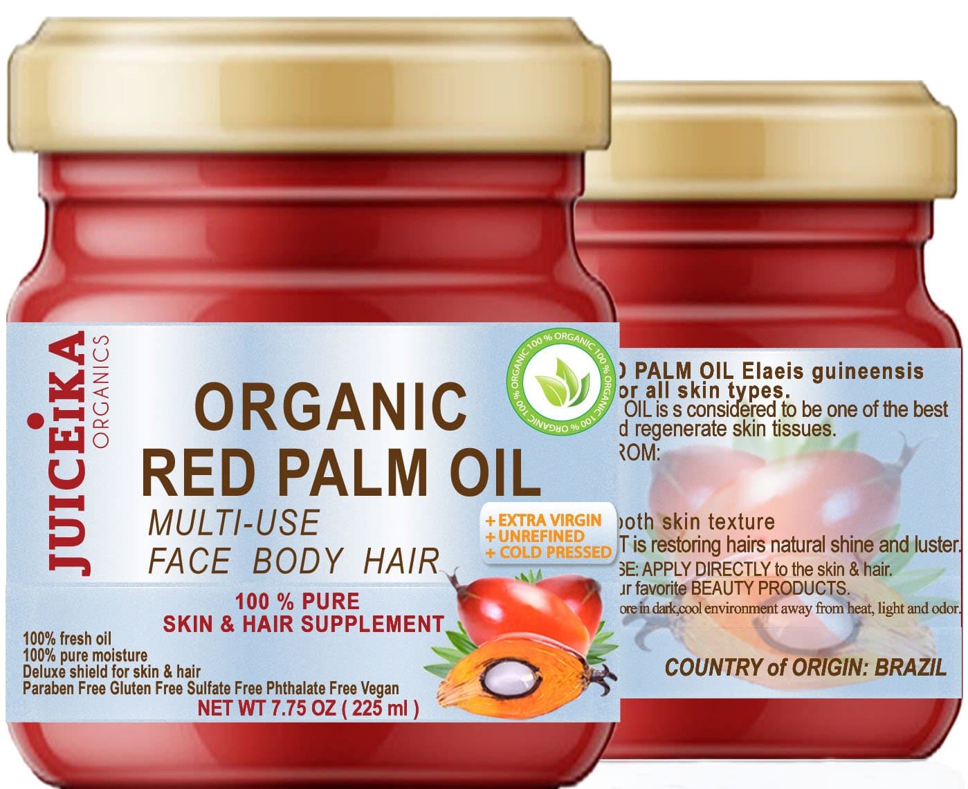 100% PURE ORGANIC RED PALM OIL Brazilian. EXTRA VIRGIN/UNREFINED COLD PRESSED. 100% Pure Moisture for FACE, BODY, HANDS, FEET, MASSAGE, NAILS & HAIR and LIP CARE.