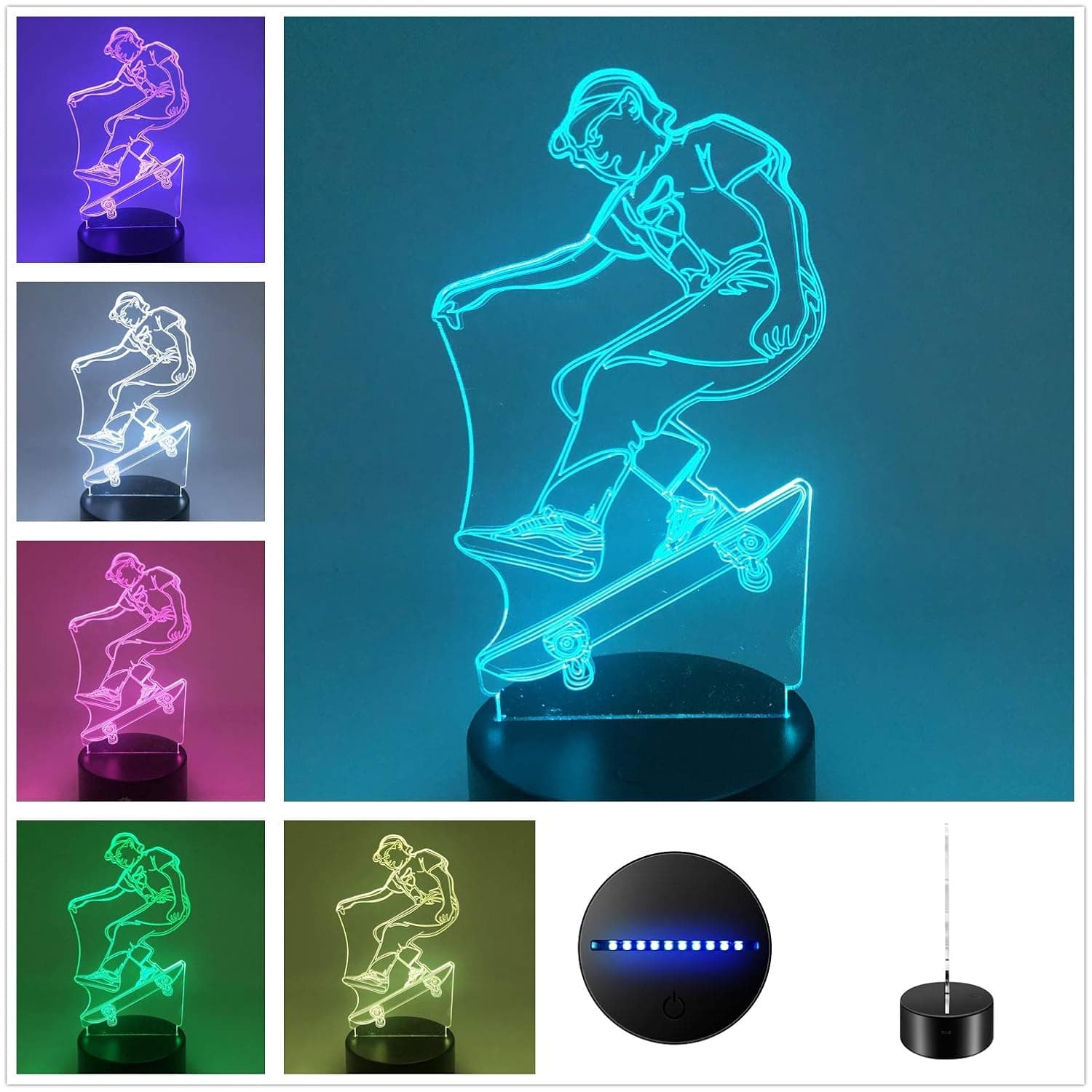 Sport Collection Suntint 3D Optical Illusion Sleeping Night Light Multi Colors USB Powered Lamp Room Office Decoration (Skateboard)