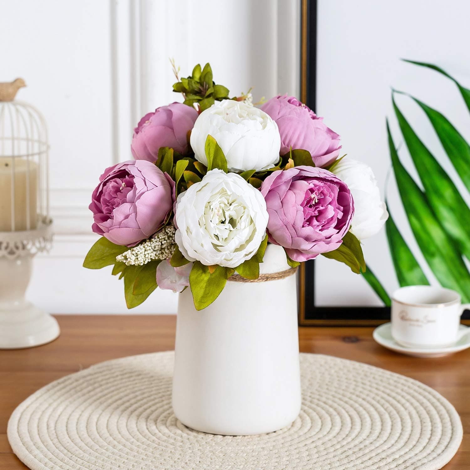 Queen Bee Silk Peony Bouquet with Ceramic Vase Included Large Size 14" Wedding Centerpiece Events Birthday Gift Bridal Baby Shower Floral Arrangement Artificial Fake Flowers (Light Purple/Lilac+White)
