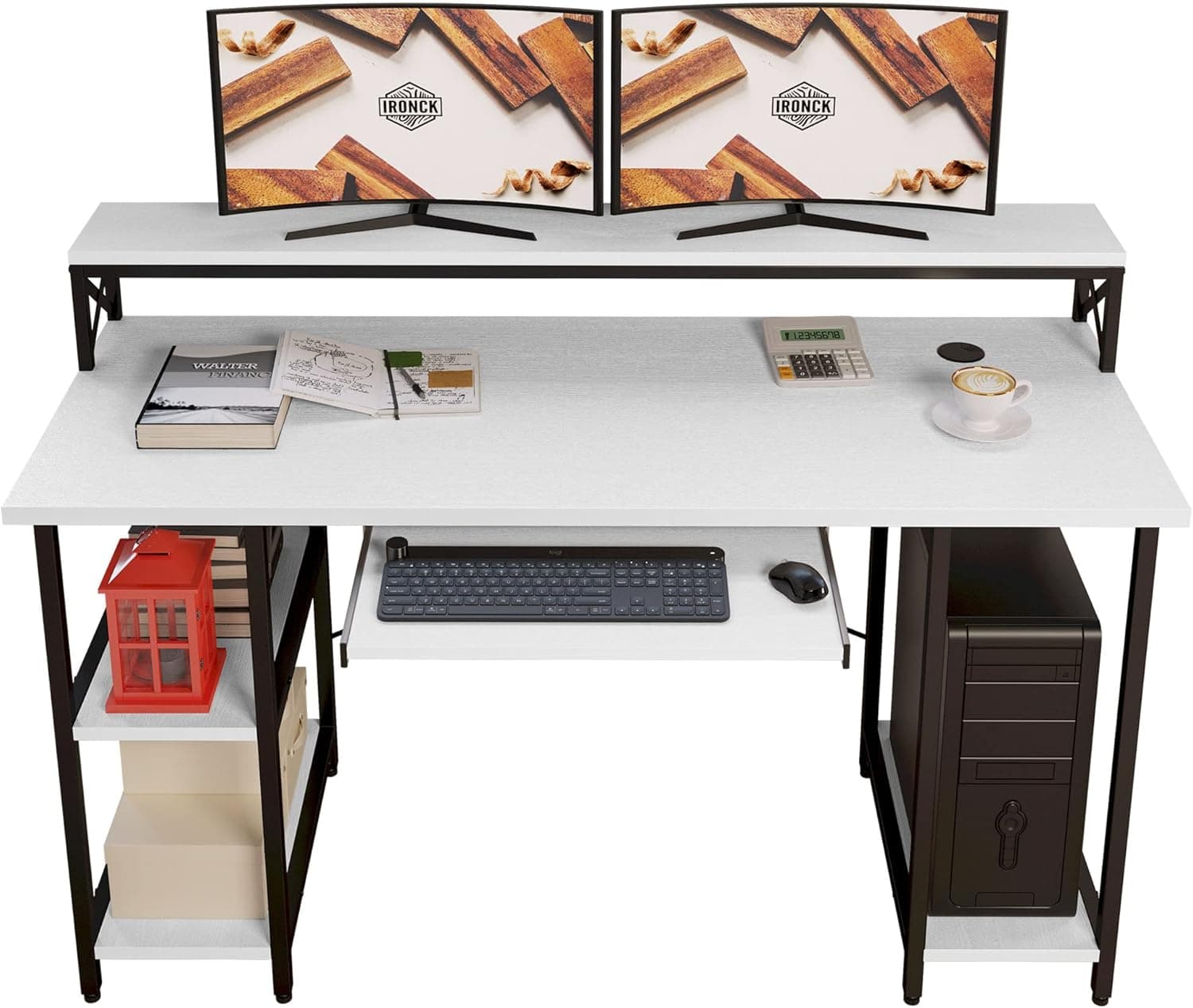 IRONCK Computer Writing Desk, Home Office PC Desk with Keyboard Tray Monitor Stand Storage CPU Stand, Modern Study Writing Table for Home Office,55" White