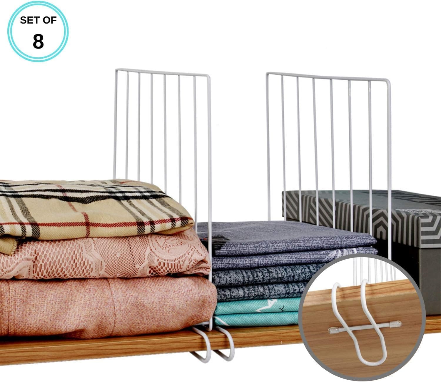 Wire Shelf Dividers for Wood Shelves: Metal Closet Dividers with Rubber Brackets for Extra Shelving Stability - Bedroom Organizer for Clothes, Linen, and Other Common Essential Items - 8 Pack, White