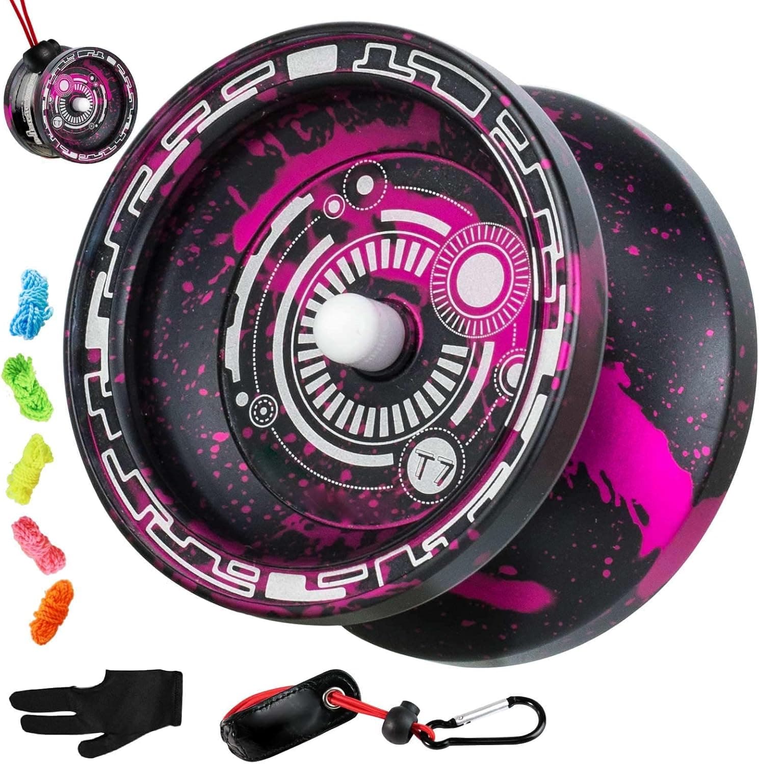 YOSTAR T7 Beginner Yoyo for Kids, Metal Responsive Yoyo for Adults with Flat Bearing, Easy to Return and Practise String Tricks, Bonus - 5 Yoyo Strings, Yo-yo Holster, Glove (Black Pink)