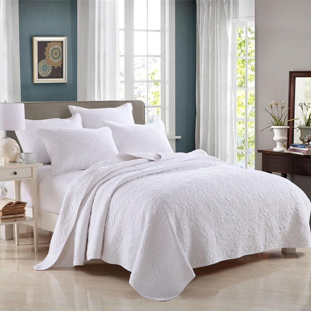 3-Piece Bedding Set Comforter Bedspread Quilted Coverlet Sets Queen White Cotton