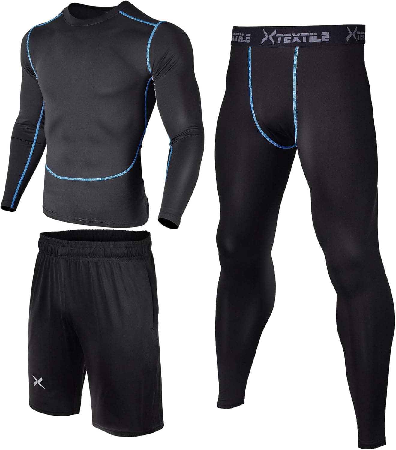 Xtextile 3 Pcs Men's Workout Clothes Set with Compression Pants, Long Sleeve Shirts and Loose Fitting Shorts