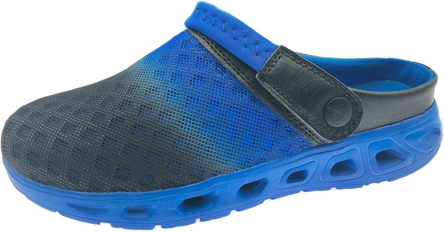 ChayChax Men's Women's Clogs Garden Shoes Hollow Mesh Casual Slippers Lightweight Slip On Mules Breathable Comfort Walking Beach Sandals, Blue+Black, 11 Women/9.5 Men, Heel to Toe 10.6"