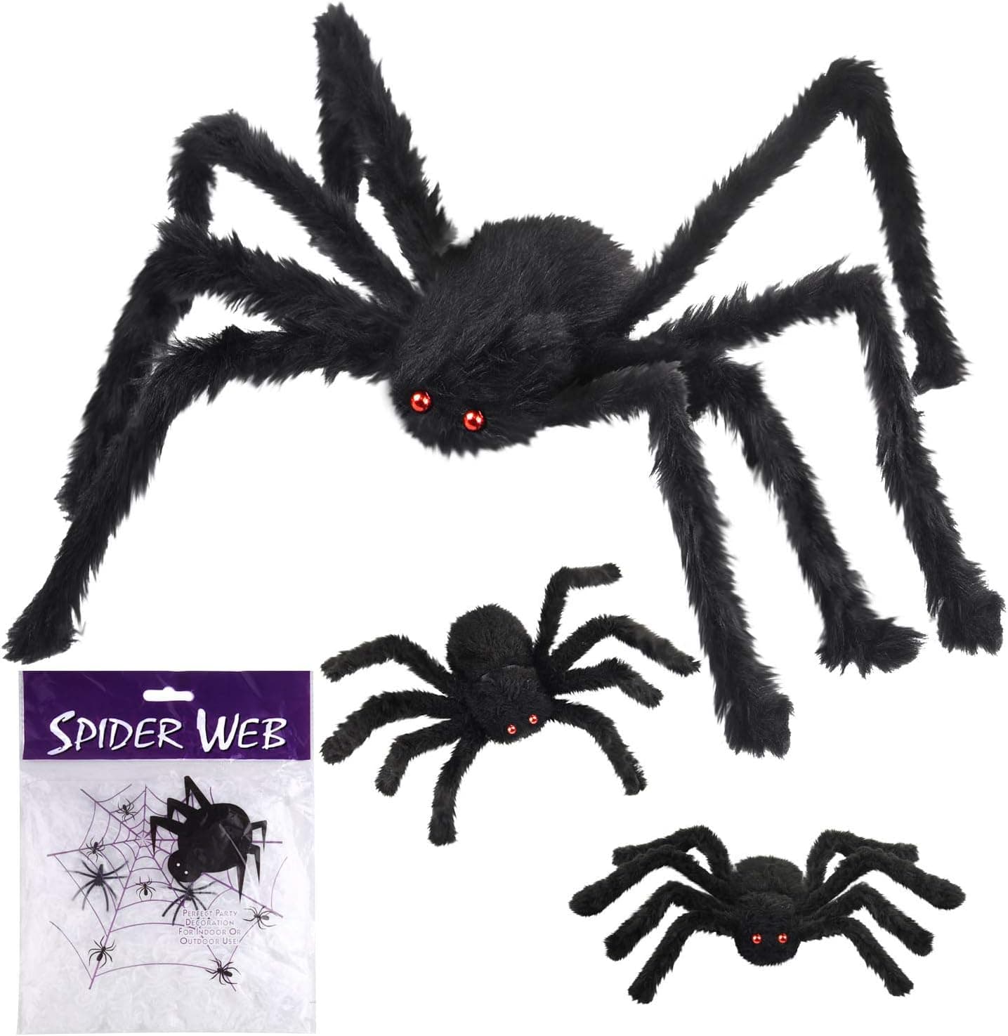TUPARKA 3Pcs Halloween Giant Spiders Black Hairy Spider Props with 1 White Spider Web for Indoor and Outside Decorations, Mixed Size