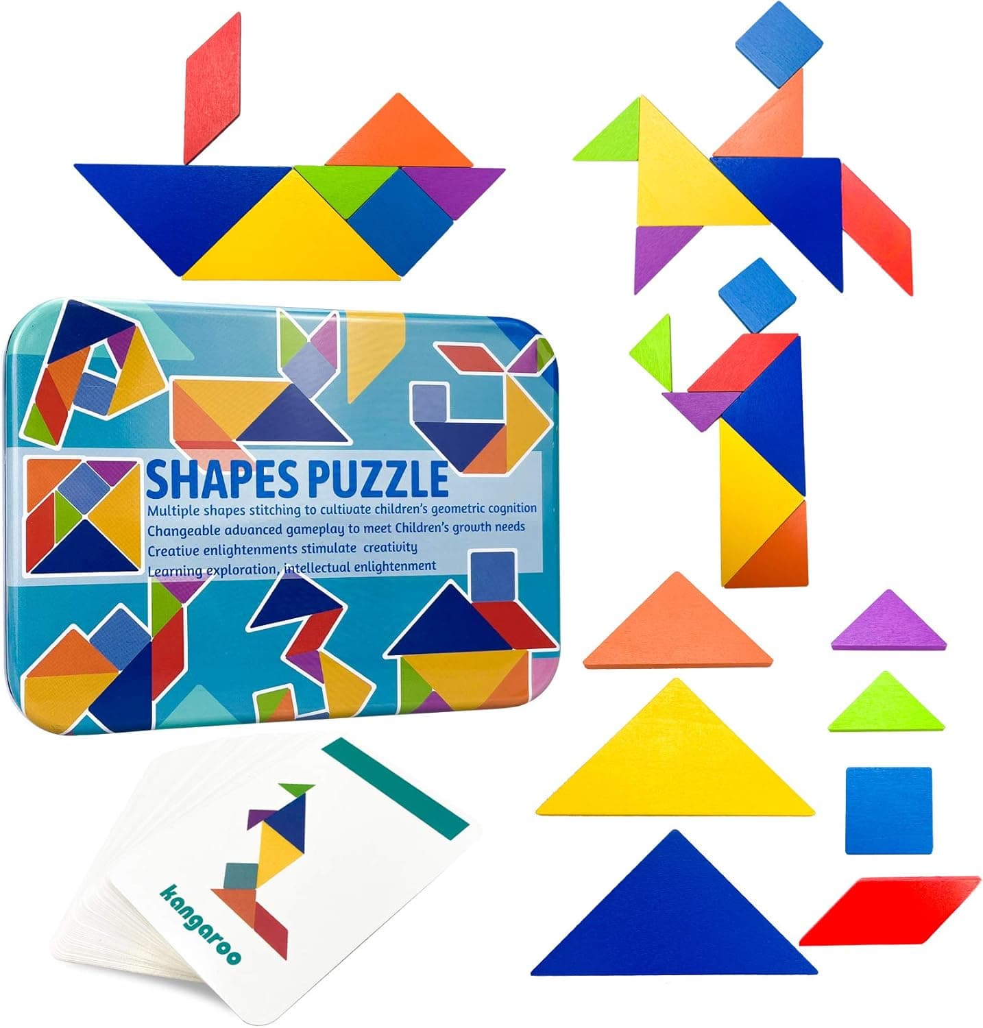 Tangram Pattern Puzzles Set, Woodiness Puzzle Blocks Colorful Tangram Sorting, 60 Design Cards with 120 Pattern Jigsaw Puzzle, Tangram Puzzles for Kid Toddlers Boys Girls Age 3+