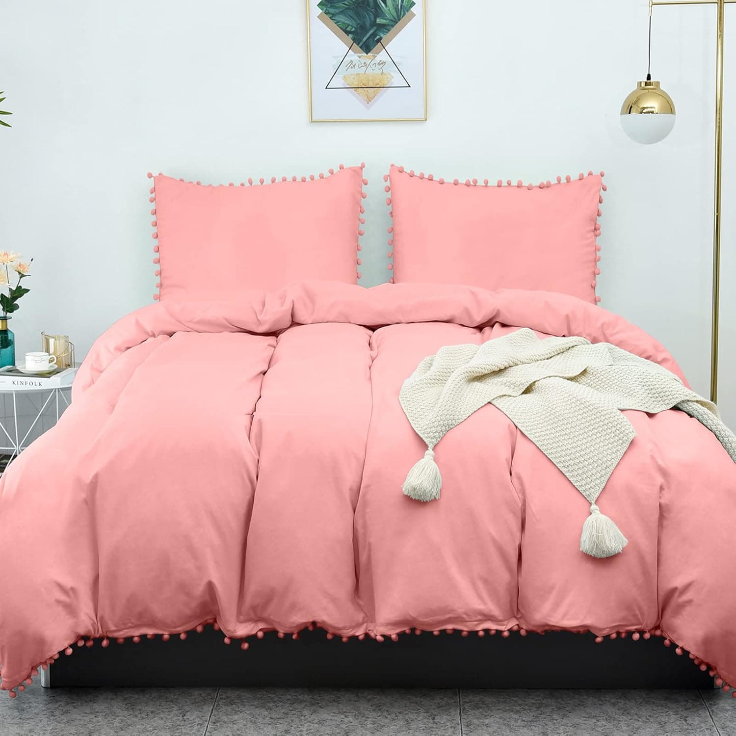 LHKIS Duvet Cover King, Pink Farmhouse Duvet Cover Set, Soft Microfiber Comforter Cover Hotel Pom Pom Bedding Duvet Cover 3 Pieces