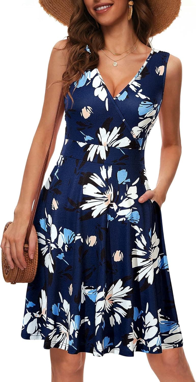 GUBERRY Womens Wrap V Neck Sleeveless Sundress Summer Flare Tank Dress with Pockets