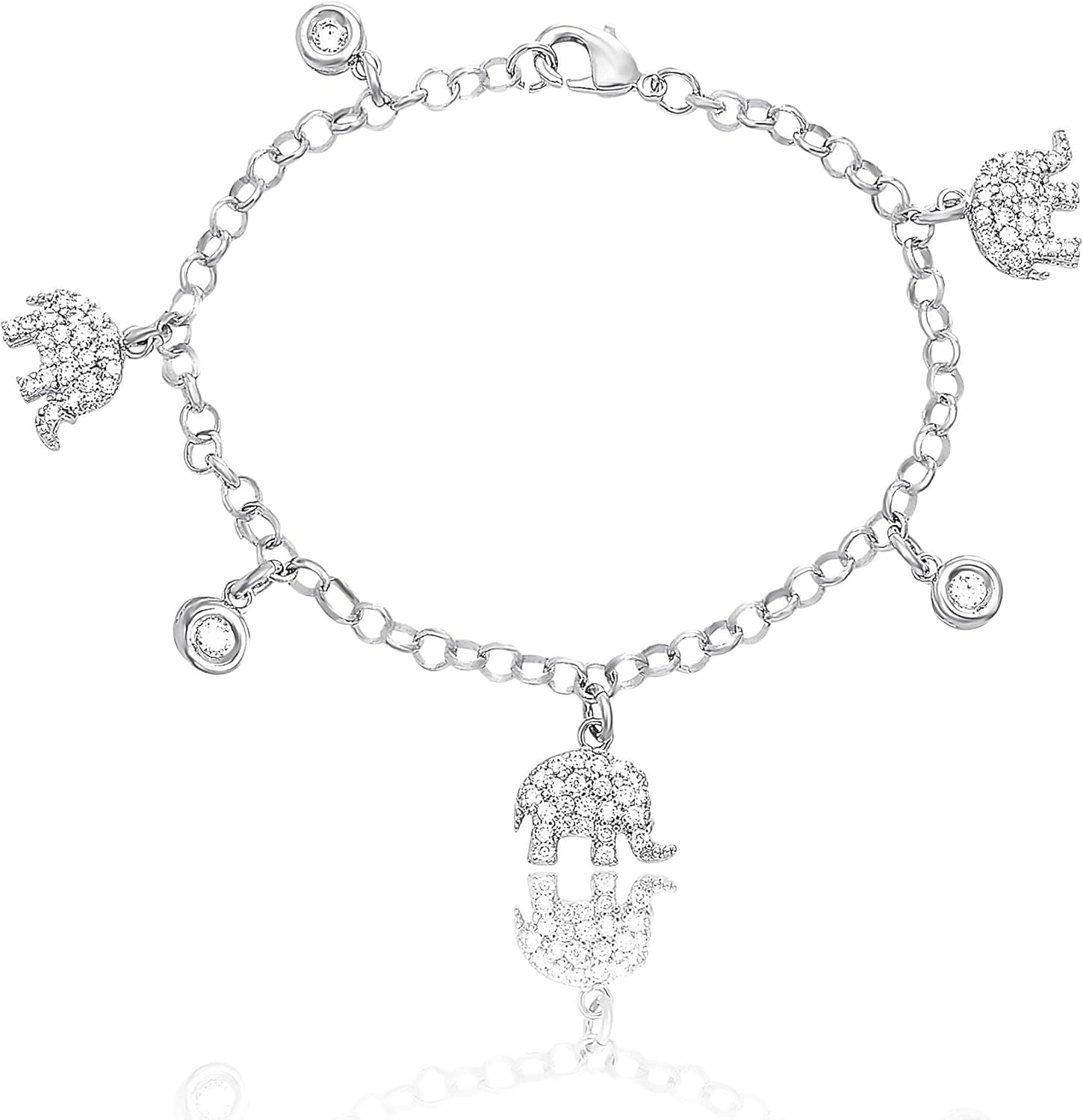 AUBREY LEE Cubic Zirconia Elephant Charm Bracelet for Women in Rhodium Plated Brass