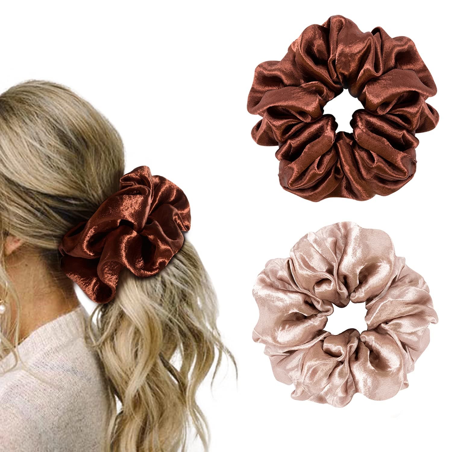 Chocolate Color Scrunchies 6.3 Inch Extra Large Satin Hair Ties Women 2 pcs Jumbo Hair Scrunchies Oversized Softer Elastic Hair Bands for Girls Huge Fashion Accessories Ponytail Holder by YOHAMA