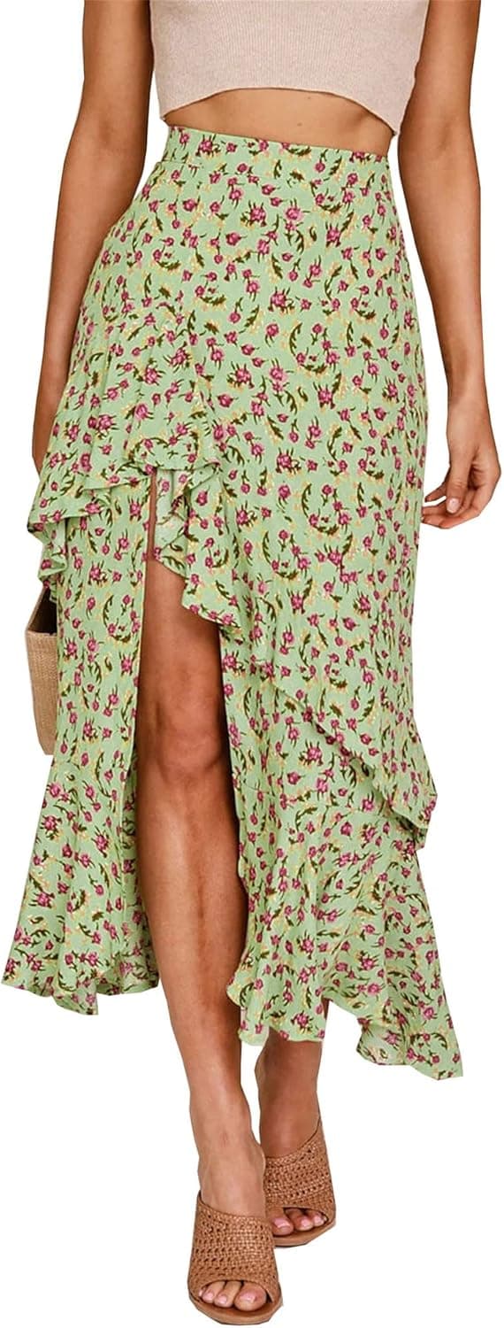 BTFBM Women 2023 Summer Spring Boho Long Skirts Dress Floral Print Elastic Waist Split Ruffle High Low Beach Maxi Skirt