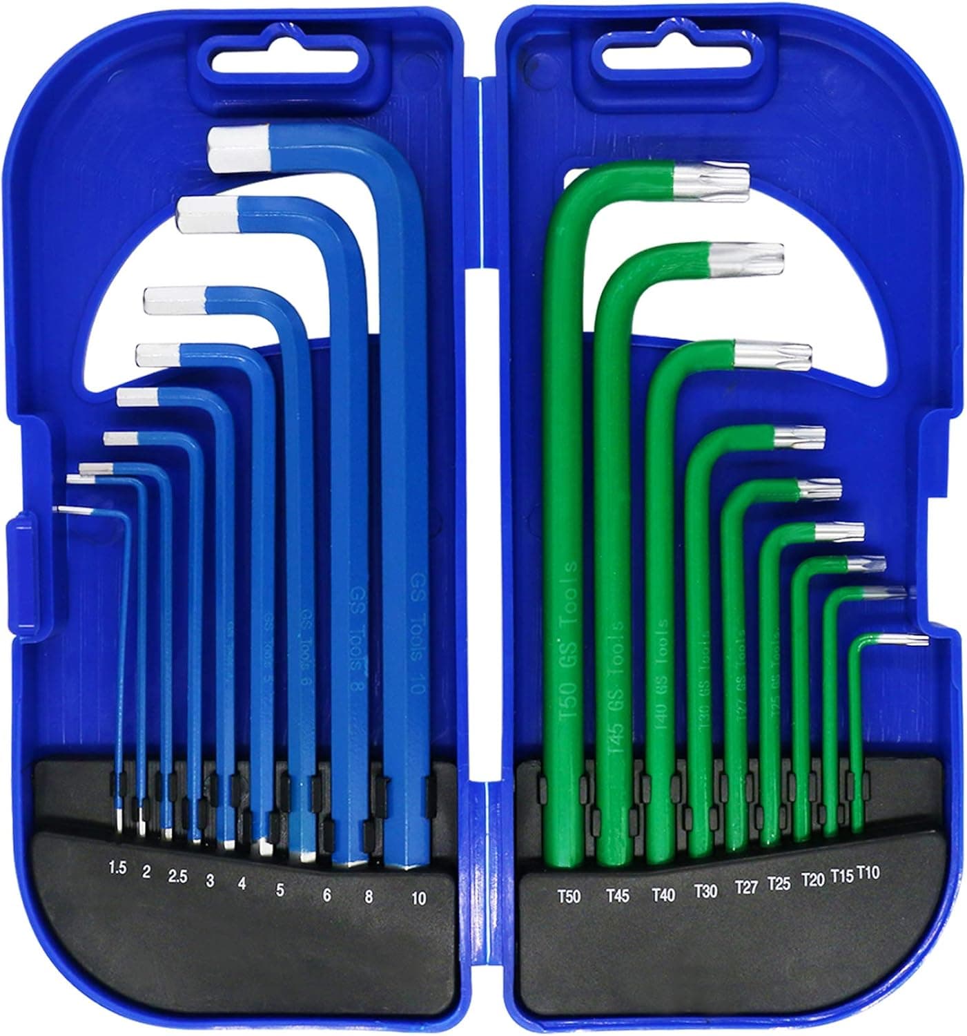 GS Tools Hex Key Allen Wrench Set, Long Arm Ball End Allen Wrench with Hard Case, Metric & Star Key, Chrome Vanadium Steel, 18-Piece | Blue and Green