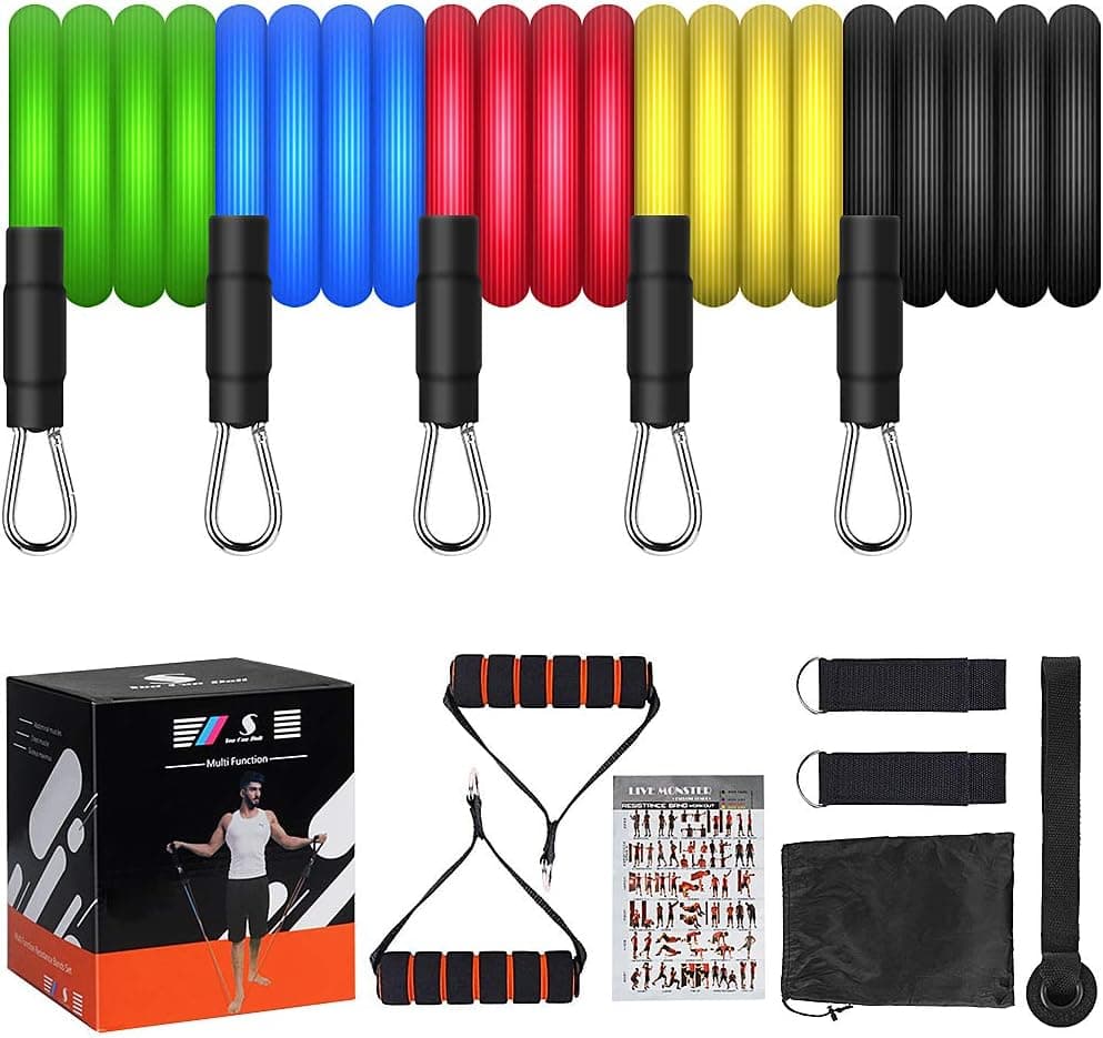 Gruper Exercise Resistance Bands Set,Fitness Stretch Workout Bands 11PC with Fitness Tubes,Handles, Ankle Straps, Door Anchor, Carry Bag for Home Gym Fitness, Stackable Up to 100 Lbs (100Lbs)