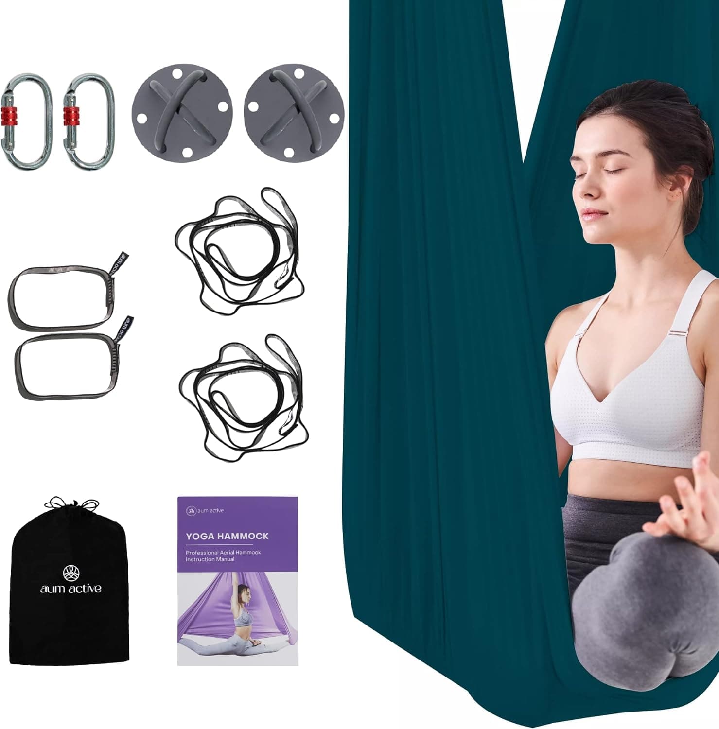 aum active Aerial Yoga Hammock 5.5 Yards - Durable Aerial Silk with Extension Straps, Carabiners, Ceiling Mounts, and Pose Guide - Ariel Silks for Home, Complete Yoga Hammock Kit for All Levels