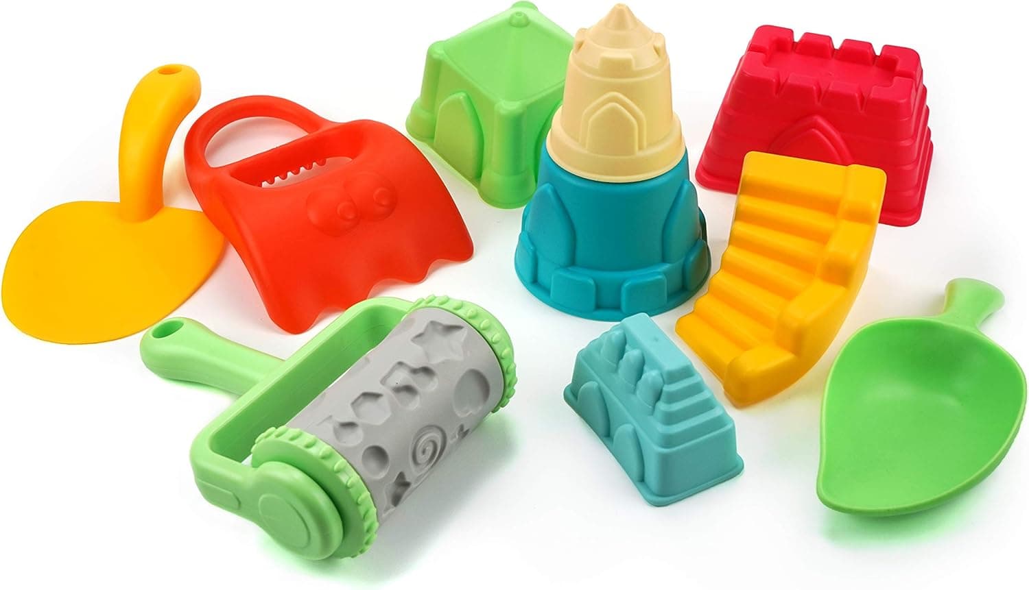 DUCKBOXX XX Soft Plastic Beach Toys Set: 6 Castle Molds, Sand Roller, Shovels for Kids Ages 18M - 4Yrs (10 pcs)