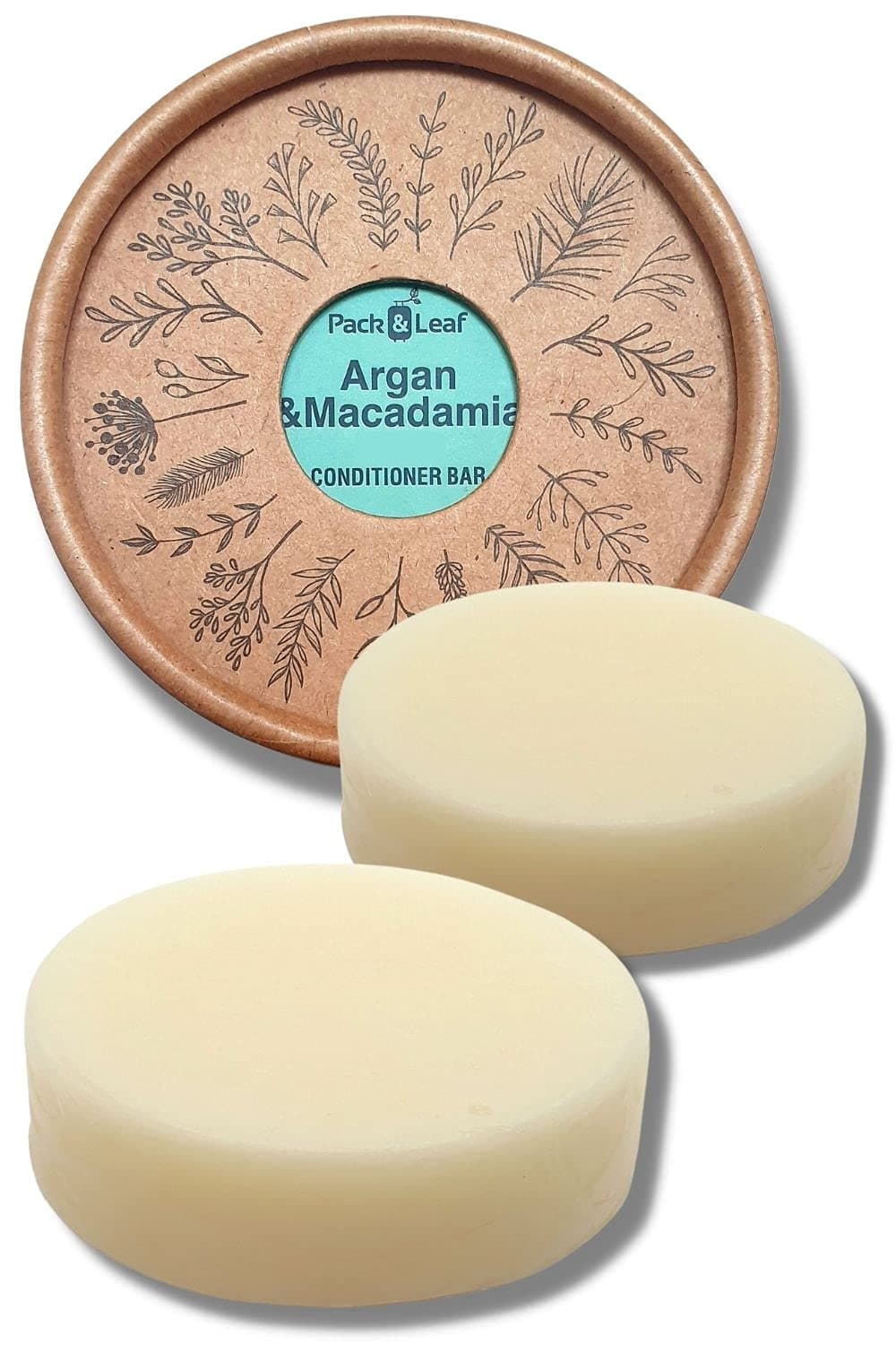 Pack & Leaf 2 x Conditioner Bars, Argan & Macadamia for All Hair Types, All Natural & Zero Waste Hair Care, Sulfate Free, Palm Oil Free, Plastic Free, Eco-Friendly Solid Conditioner