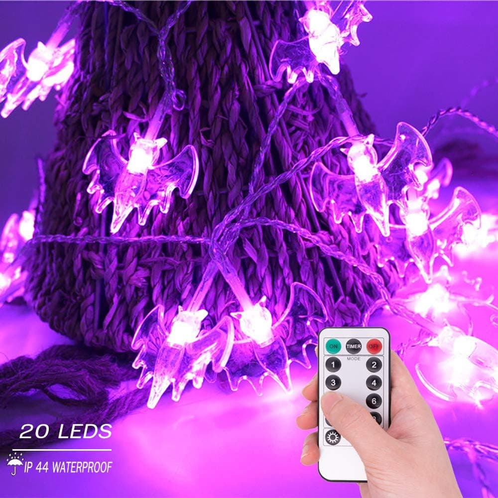 Halloween Bats String Lights, 9.8ft 20 LED Waterproof 8 Modes Battery Operated Halloween Outside Decoration Light Indoor & Outdoor Decor for Halloween Party Holiday Christmas Yard Decorations(Purple)