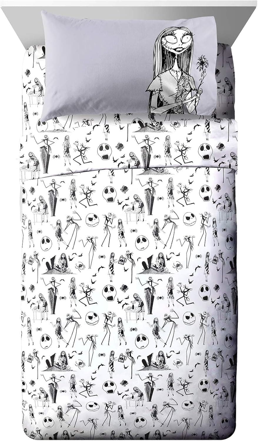 Jay Franco Disney Nightmare Before Christmas Gothic Romance Full Sheet Set - 4 Piece Set Super Soft and Cozy Kid’s Bedding Features Jack Skellington & Sally - Microfiber Sheets