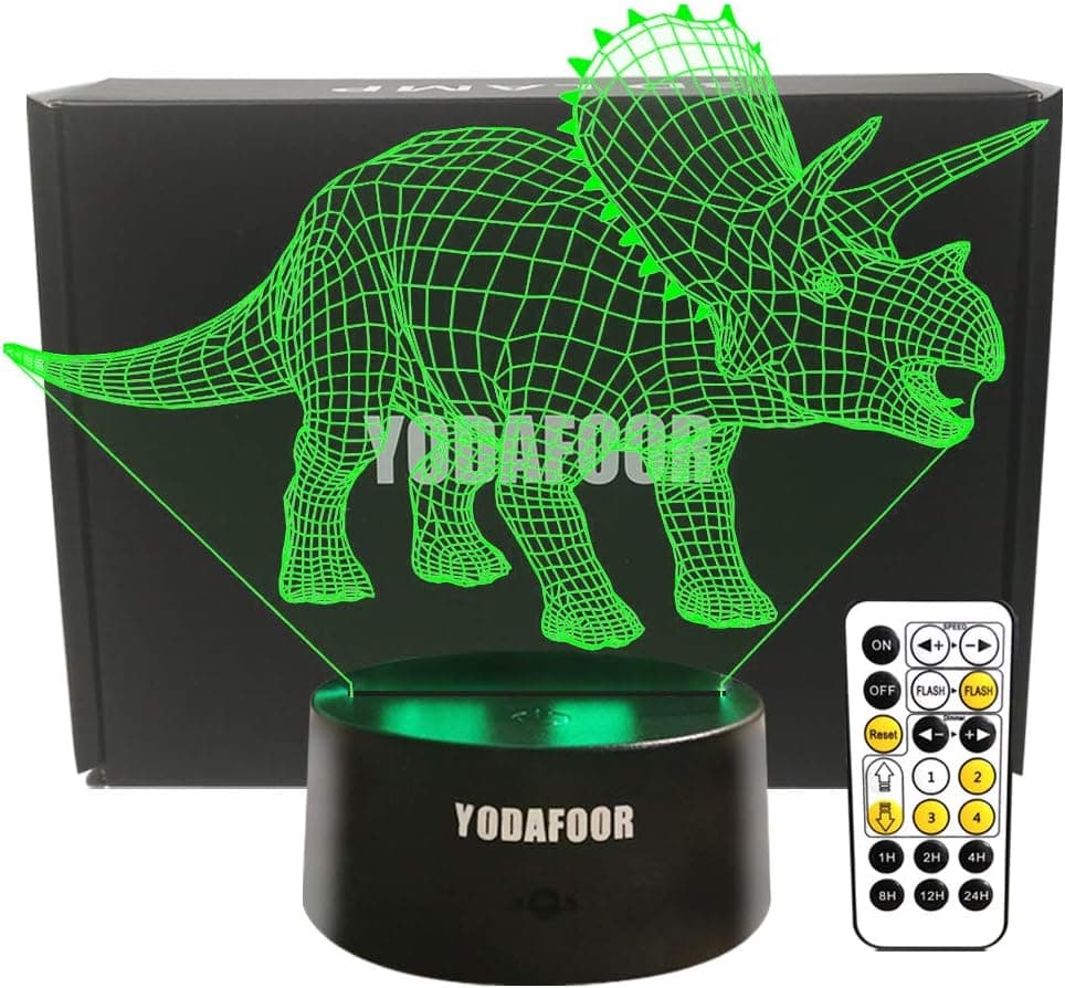 YODAFOOR Dinosaur Night Lights for Kids Baby Teen Children 3D Triceratops Illusion lamp, Great Birthday Party Christmas Dinosaur Gifts for Boys, Multi Color Remote Lamp Room Decor (Triceratops Black)