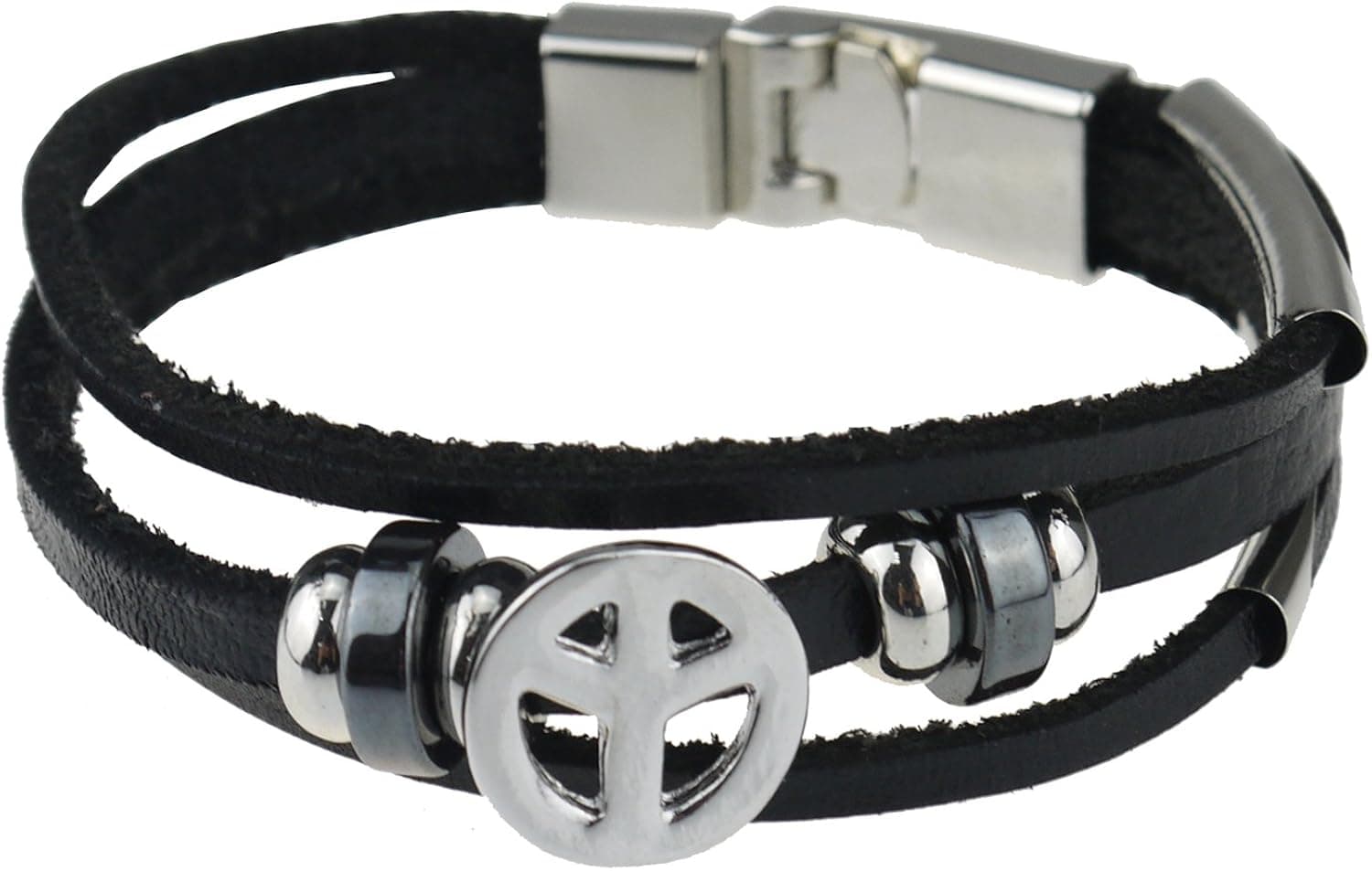 7-Seven 2016 Men Ladies Leather Bracelet Braided Woven Multilayer with Peace Charm Wristband Gift - Black