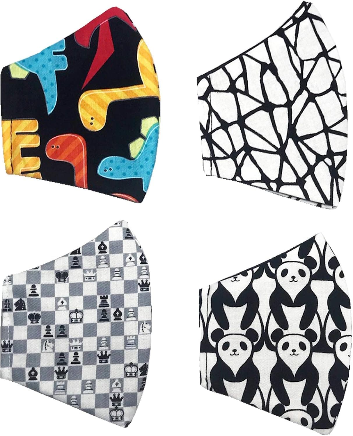 Cloth Mask Cover for Kids, Re-usable and Washable, Lightweight and Adjustable, Pack of Four (Dino-Abstract-Panda-Chess)