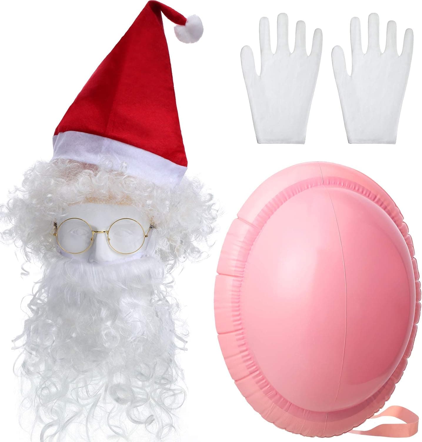 Santa Suit Christmas Costume Set Include Inflatable Fake Belly, Santa Wig, Beard and Hat, Glasses and Gloves 6 Pieces for Christmas Cosplay Decoration