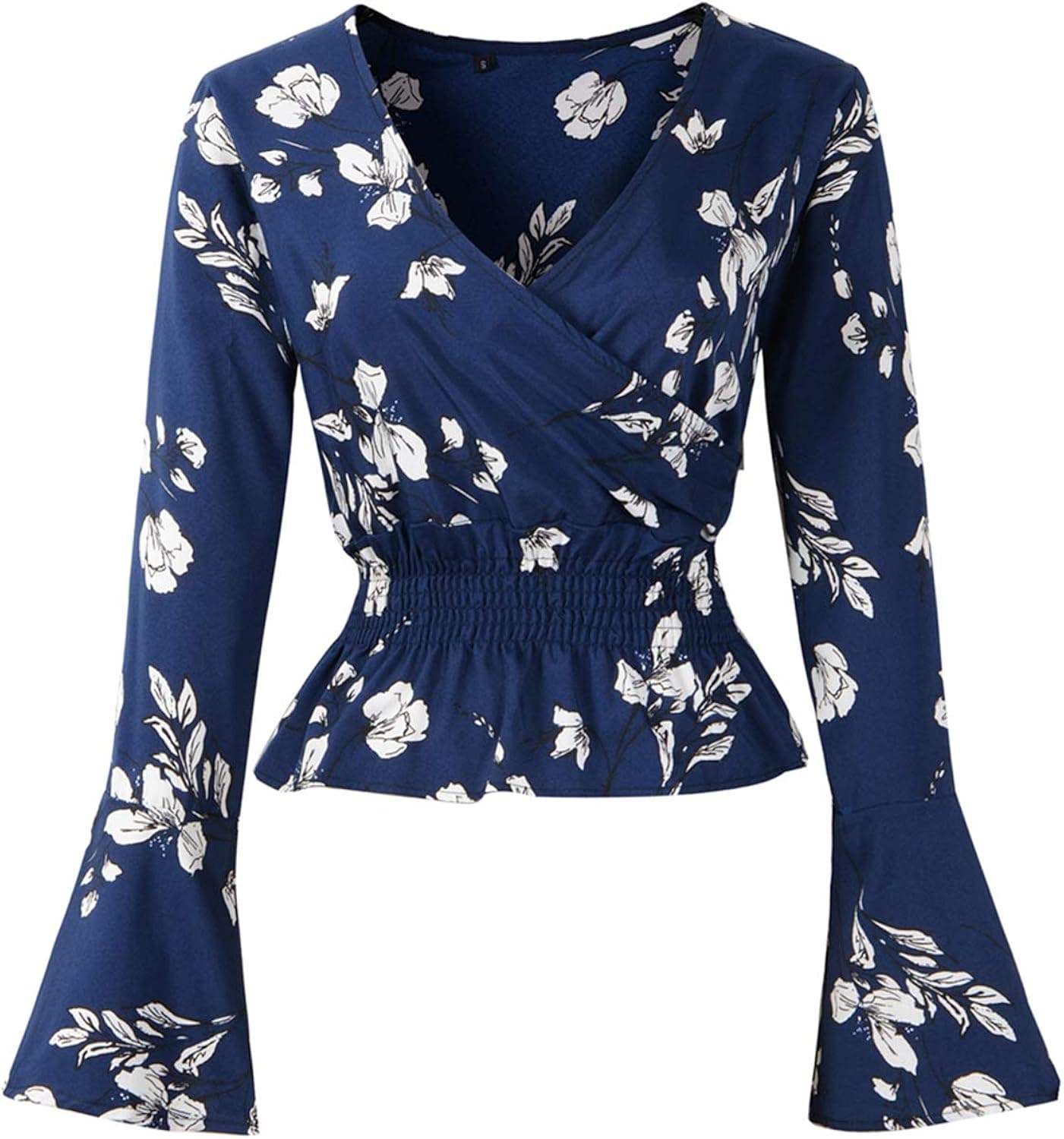 Cekaso Women's Chiffon Blouses Floral Printed Warp V-Neck Long Sleeve Peplum Surplice Casual Top, Navy Blue,Tag Size 2XL=US Size X-Large