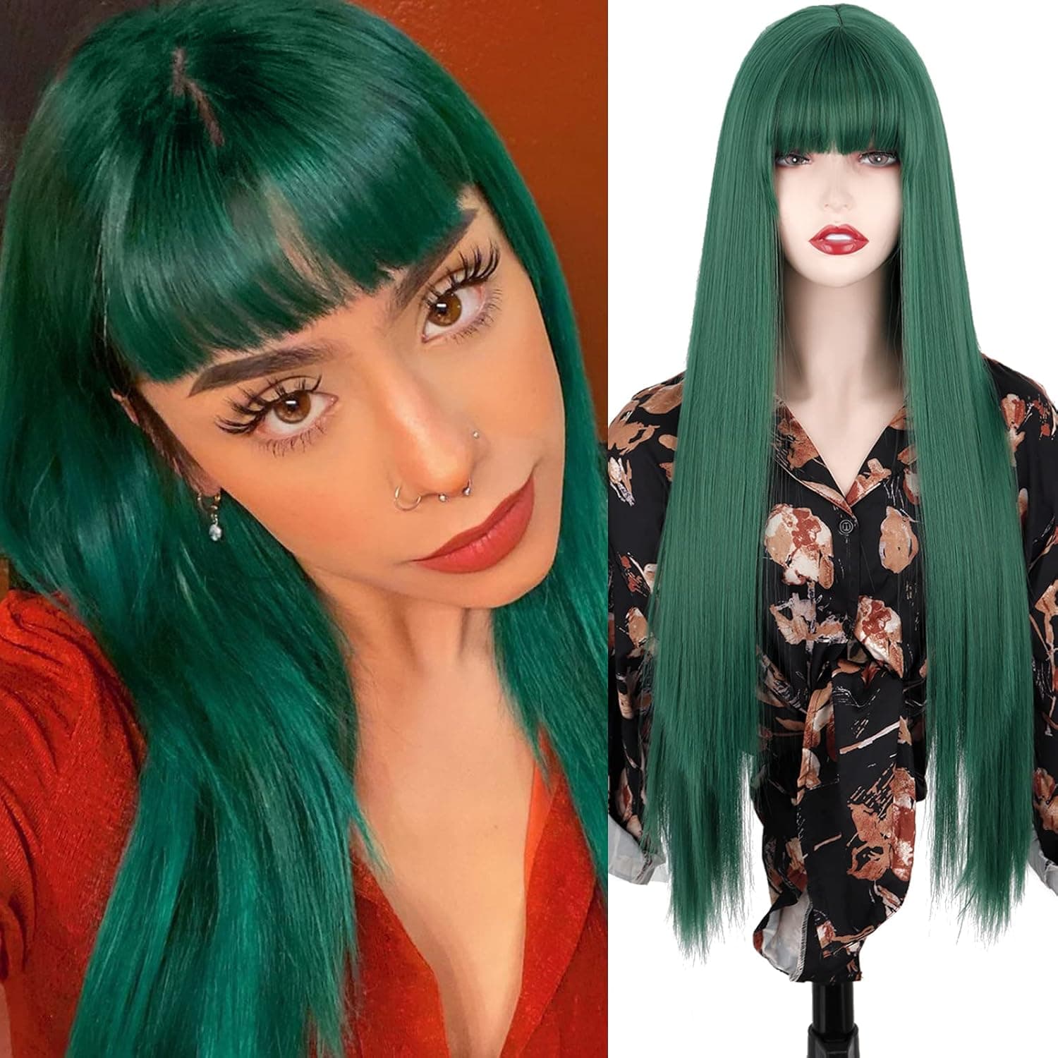MISSQUEEN Long Green Straight Wig for Women Straight Green Wig with Bangs Synthetic Straight Dark Green Wig Natural Looking for Cosplay Party