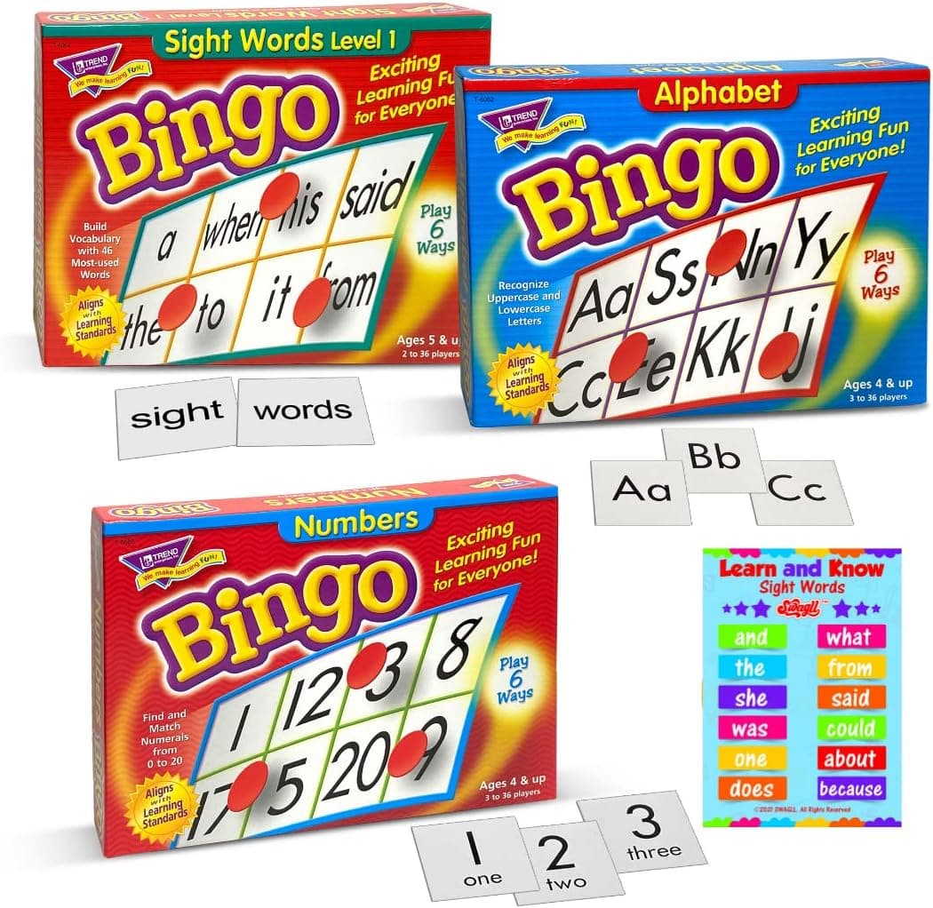 TREND ENTERPRISES Bingo Educational Learning Games for Kids Learning Cards Set of 3 | Number, Alphabet & Sight Words - Help With Reading for Preschool & Up | Interactive Play for Large or Small Groups