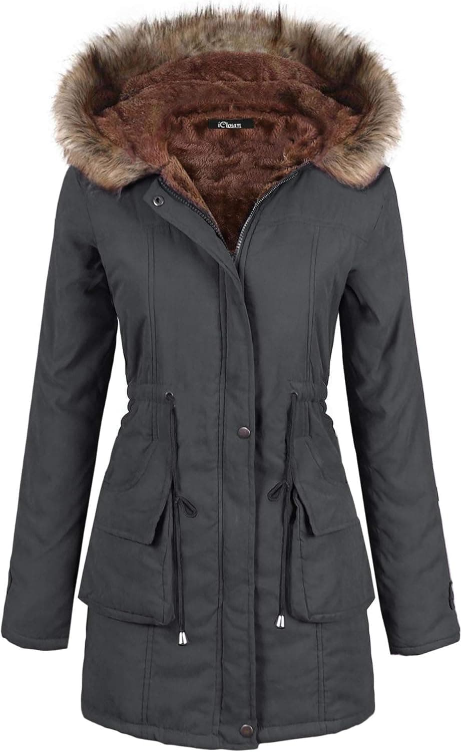 iClosam Women Parka Winter Long Coat Faux Fur Lined Anroak Jacket with Hood (Dark Grey, Large)