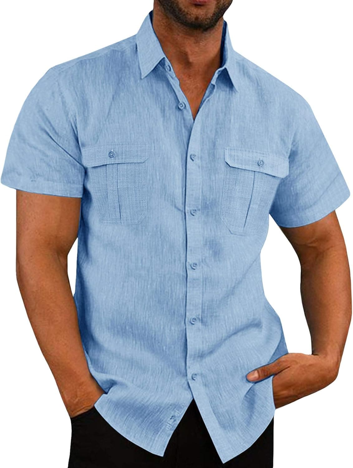 Mens Short Sleeve Shirts Button Down Tops Beach Linen Fishing Tees Spread Collar Plain Summer Blouses