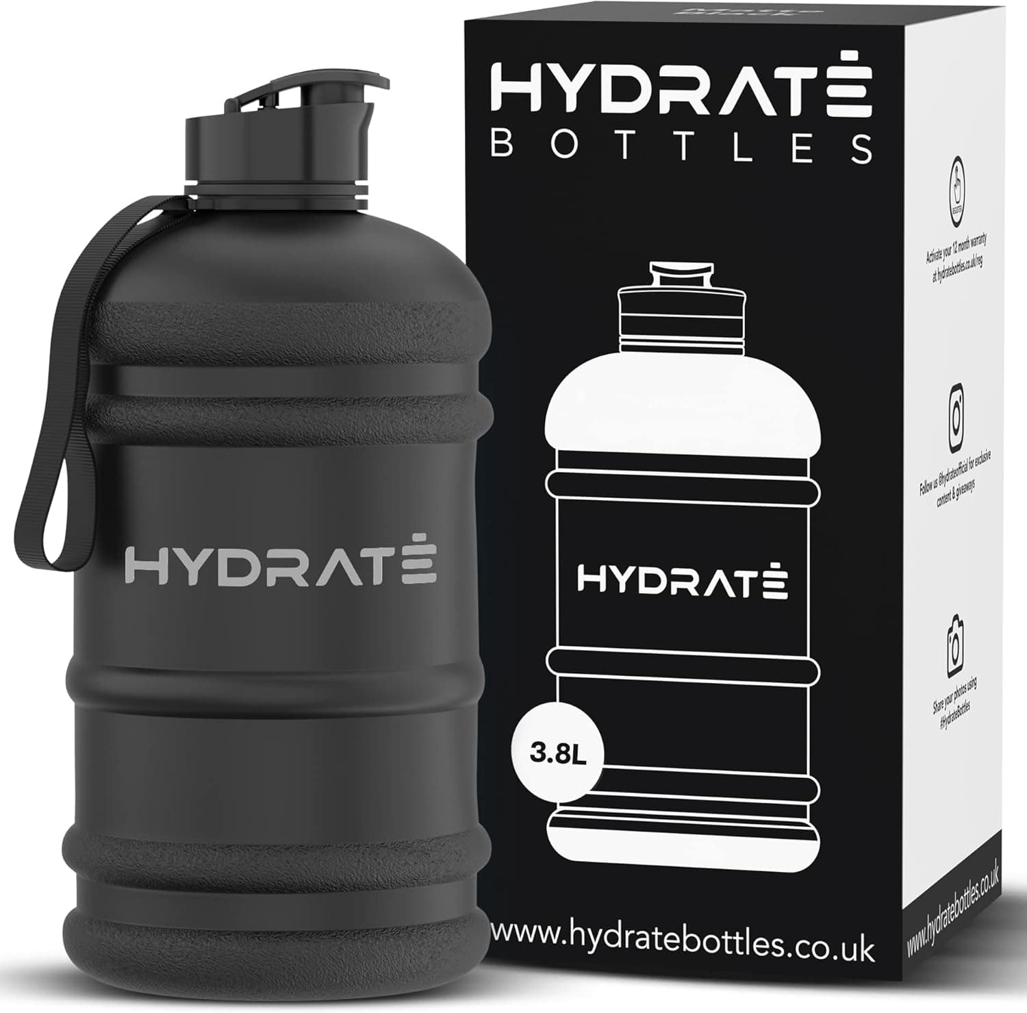 HYDRATE Water Bottle 1 Gallon XXL Jug BPA Free & Leakproof with Flip Cap, Ideal for Sports, Gym, Outdoor Extra Strong Material - Matte Black (128 oz)