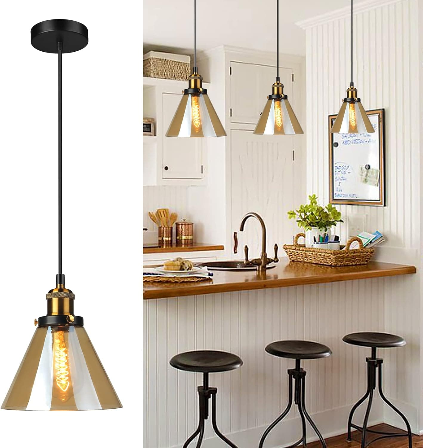 Pendant Light Fixtures,Brown Glass Industrial Pendant Lights Adjustable Vintage Pendant Lighting for Kitchen Island Dining Room Kitchen Light Fixtures E26 E27 Base (1 Pack)