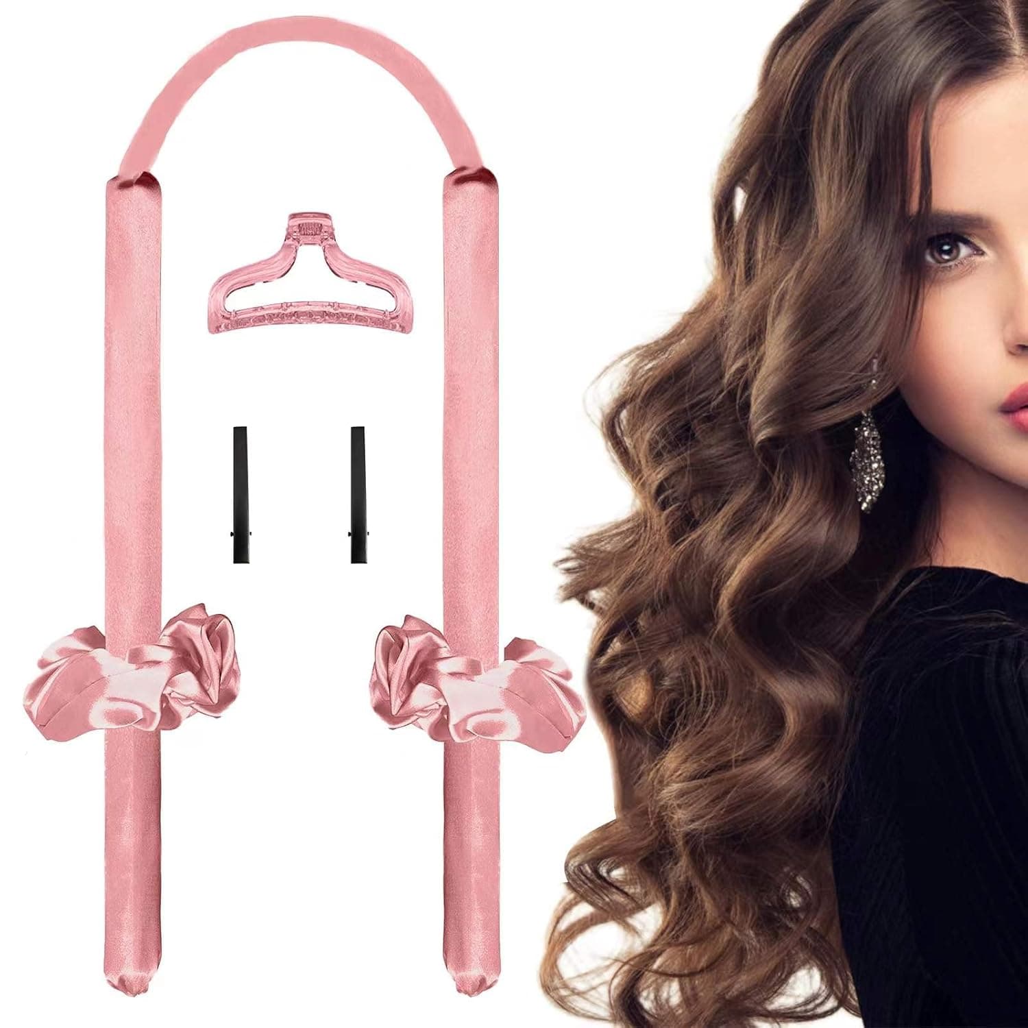 Heatless Hair Curlers for Long Hair, No Heat Curl Ribbon Design with Hair Clips and Scrunchie, Overnight Silk Heatless Curls Headband, Soft Heatless Curling Rod Headband for Natural Hair (Pink)