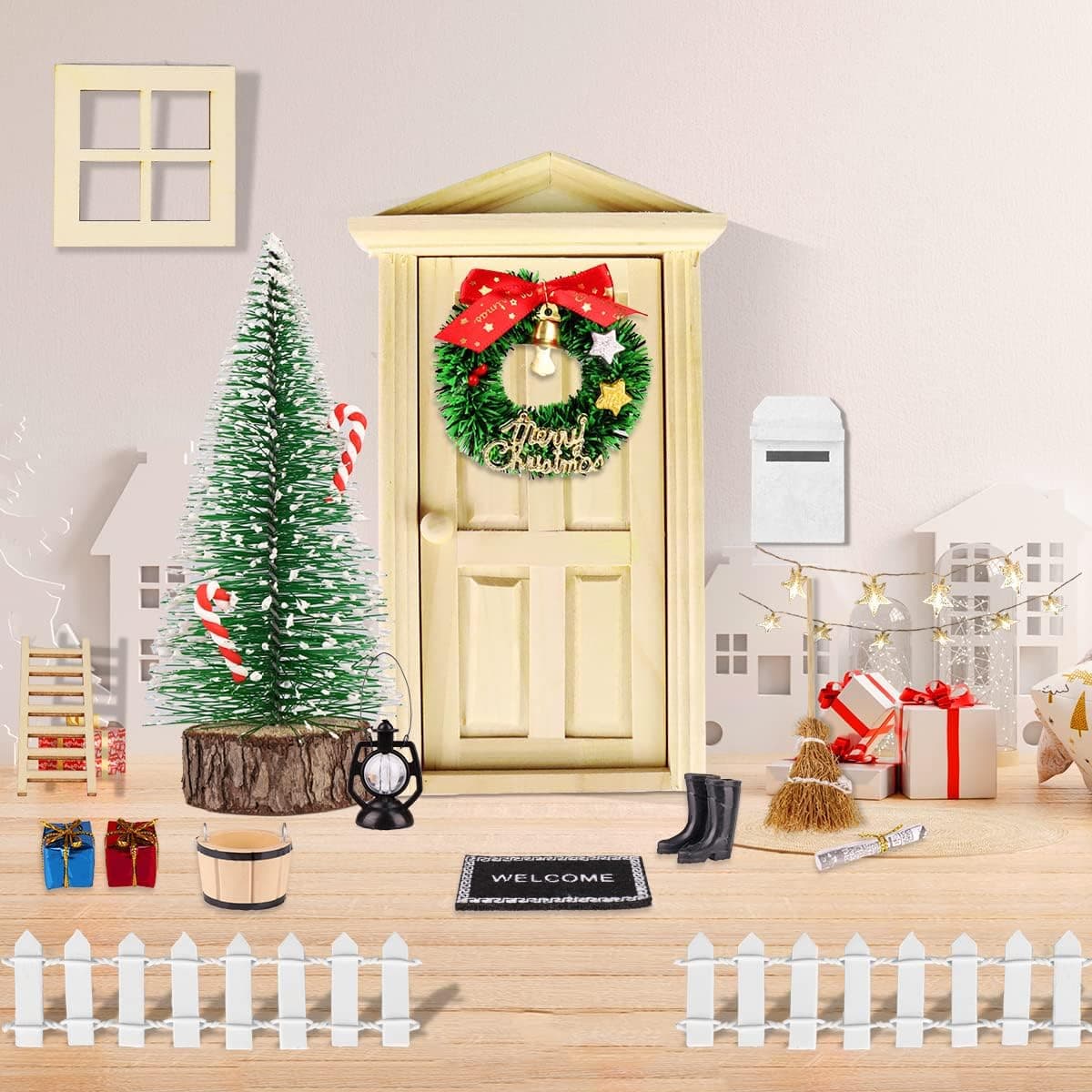18PCS Christmas Fairy Door Kit With Accessories Mini Wooden Fairy Door for Wall Elf Tooth Fairy Kit Stick on The Wall Tiny for Fairy Tale Education Learning DIY Craft Activities Christmas Gift for Kid