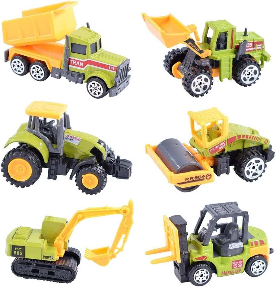 Cltoyvers 6 Pieces Mini Metal Construction Vehicle Toys Set for Kids - Forklift, Bulldozer, Road Roller, Excavator, Dump Truck, Tractor, Diecast Car Toy for 3, 4, 5 Years Old Boys Toddlers (Green)