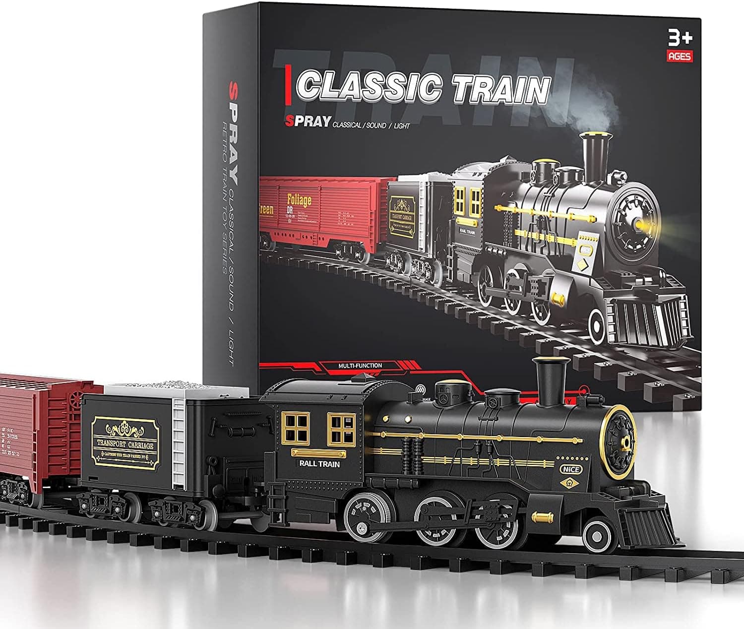 Electric Rechargeable Train Toy with Steam Engine for Kids 3 4 5 6 7+ Years Old, Model Train Set, Light and Sounds for Boys & Girls, Locomotive Train Cargo Car Tracks Play Set, Gift for Kids