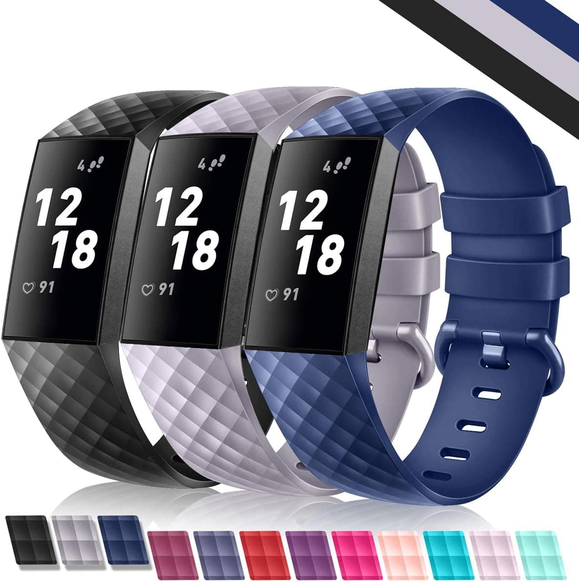 ZEROFIRE Bands Compatible with Fitbit Charge 3 & Charge 3 SE, 3-Pack Wristband Strap with Color Metal Buckle for Women Men, Small, Large, Multi-Color