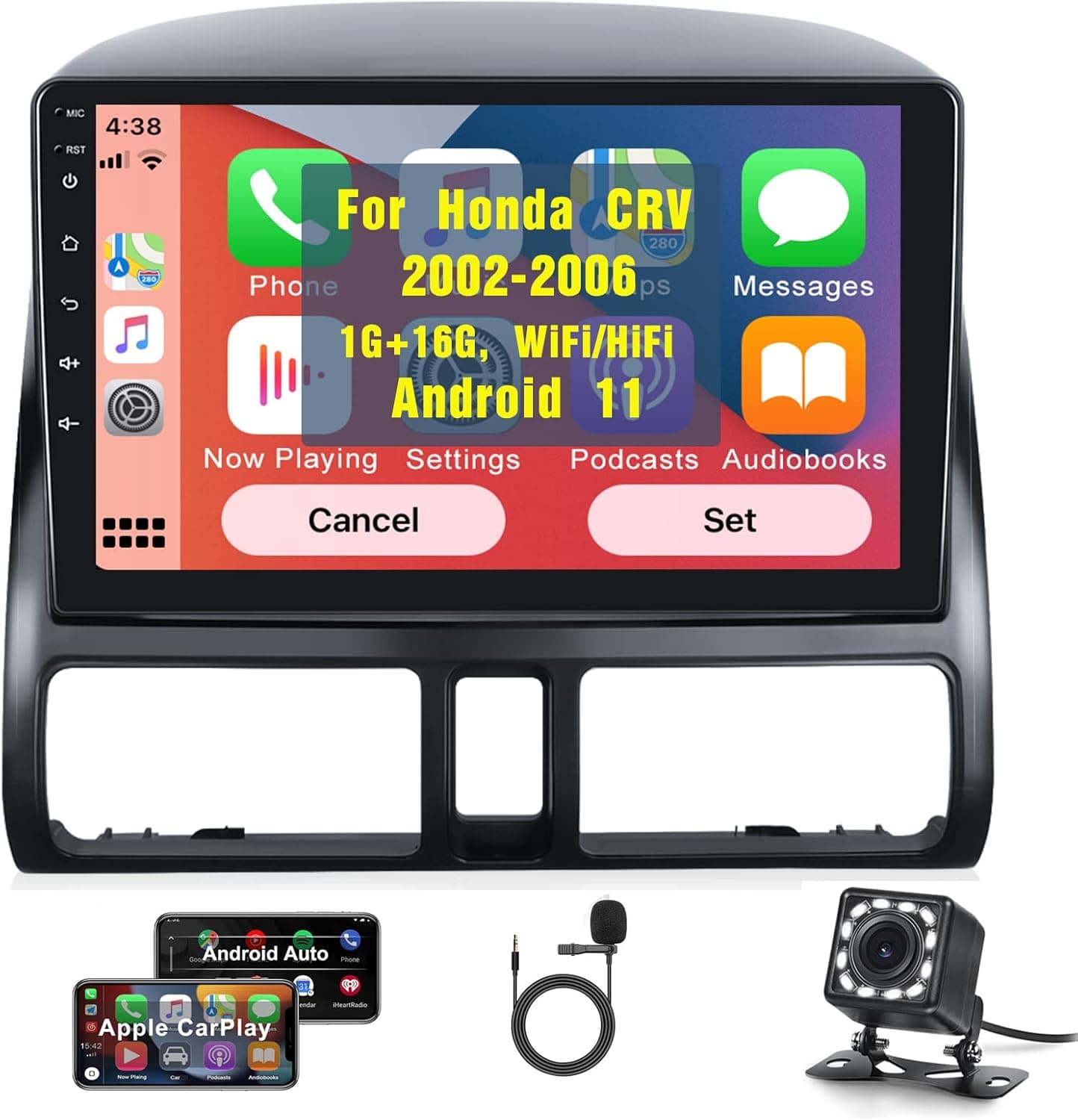 UNITOPSCI Apple CarPlay Android Car Stereo Radio for Honda CRV 2002 2003 2004 2005 2006 Android Auto Double Din 9 Inch Touchscreen Bluetooth GPS Navigation WiFi/FM/SWC/HiFi/USB + Backup Camera Mic
