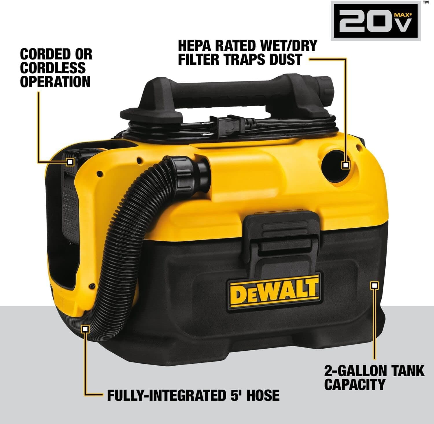 DEWALT 20V MAX Vacuum, Wet/Dry, Tool Only (DCV581H),Black, Yellow