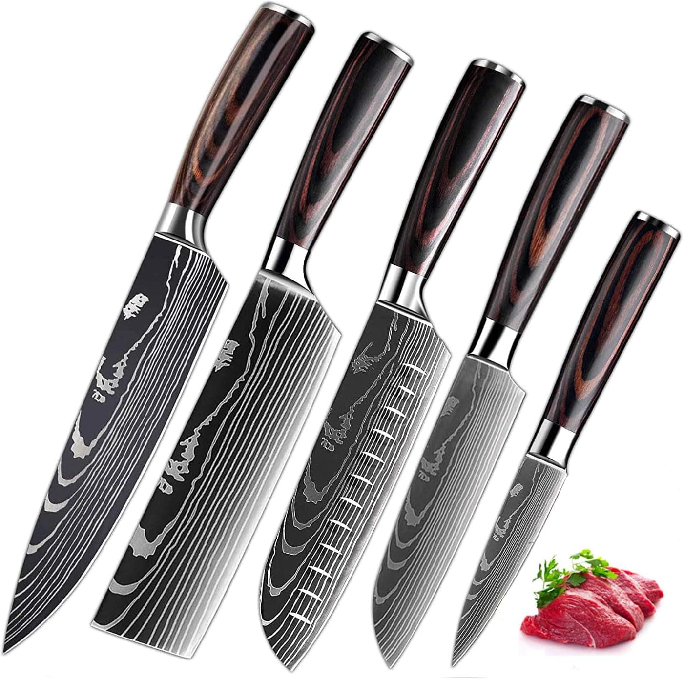 Professional Chef Knife Set 5 Pieces, Kitchen Knives Set Stainless Steel with Wood Handle Chef Knife Cooking Utility Bread Slicing Peeling Boning Knife (5PCS-KNIFESETS)
