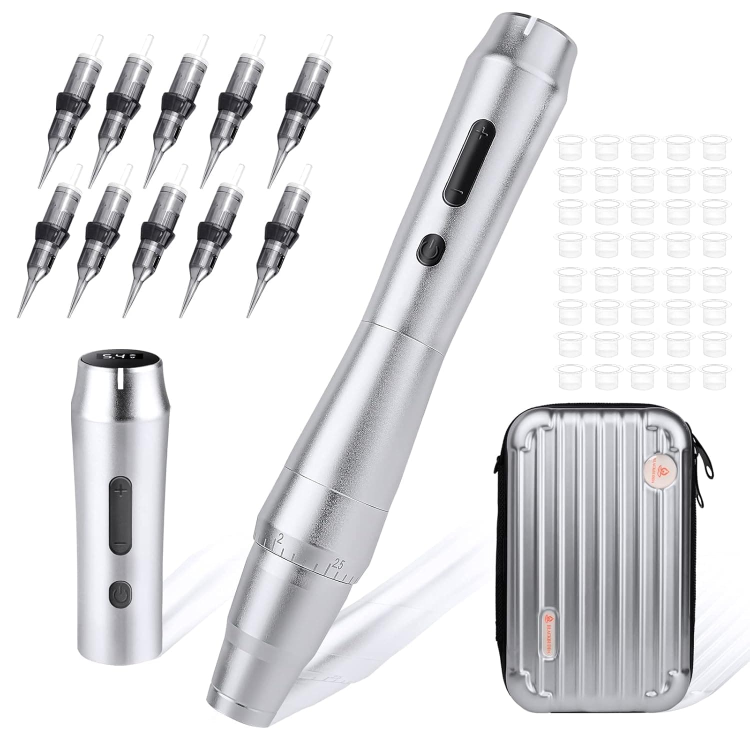 Wireless Makeup Pen Kit with Display, Blackbudda BP001S Rotary Microblading Machine Kit Equipped 10pcs Needles Cartridge, Ink Cups & Spare Battey (Silver)