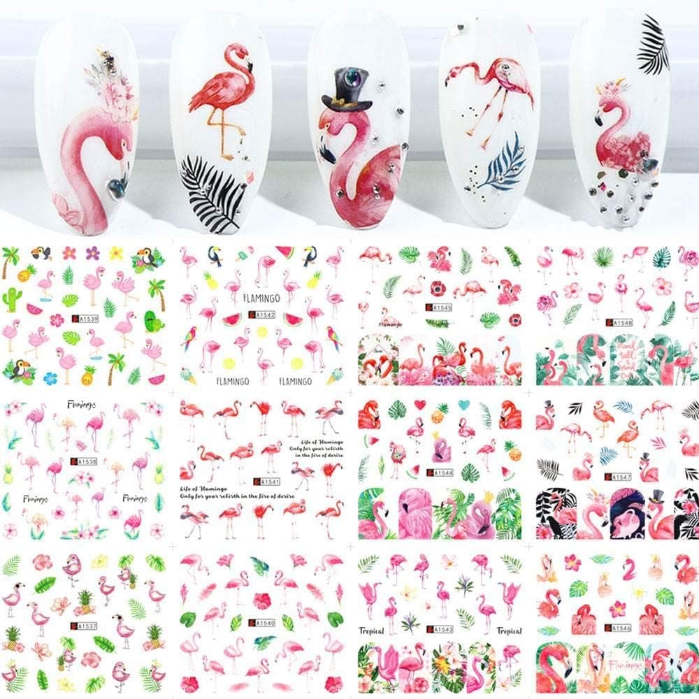 Flamingo Nail Art Stickers Decals Nail Art Supplies Kits Nail Polish Strips Nail Decorations Accessions for Women Girls Water Transfer Decal Slider Tropical Palm Flamingo Cactus Pine Apple 12 Sheets