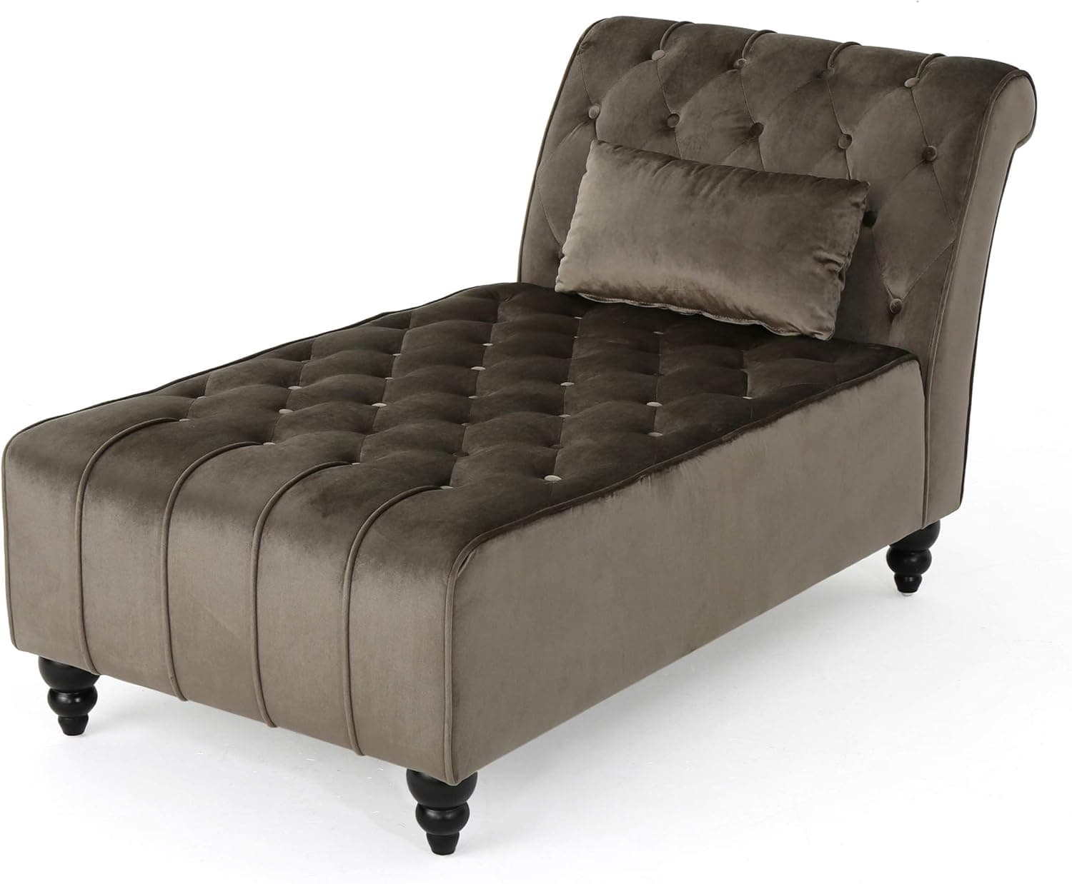 GDFStudio Rafaela Modern Glam Tufted Velvet Chaise Lounge with Scrolled Backrest, Gray and Dark Brown