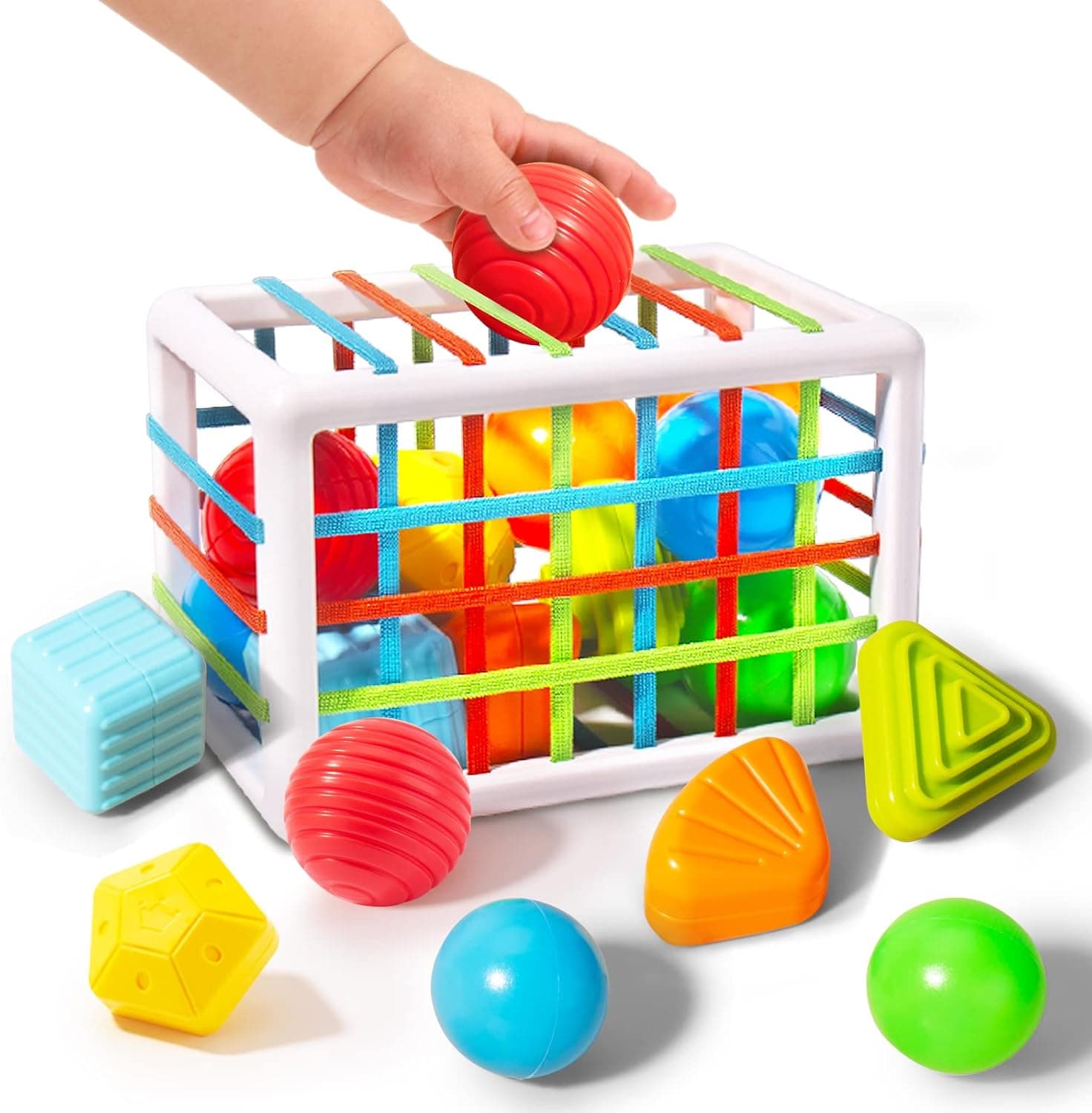 RISUNTOY Montessori Toys for 1 Year Old,Baby Toys 6 to 12 Months, Shape Sorter Sensory Toy for Babies,Activity Cube with Colorful Elastic Bands and 12 Pcs Sorting Blocks,Learning Gifts for Girls Boys