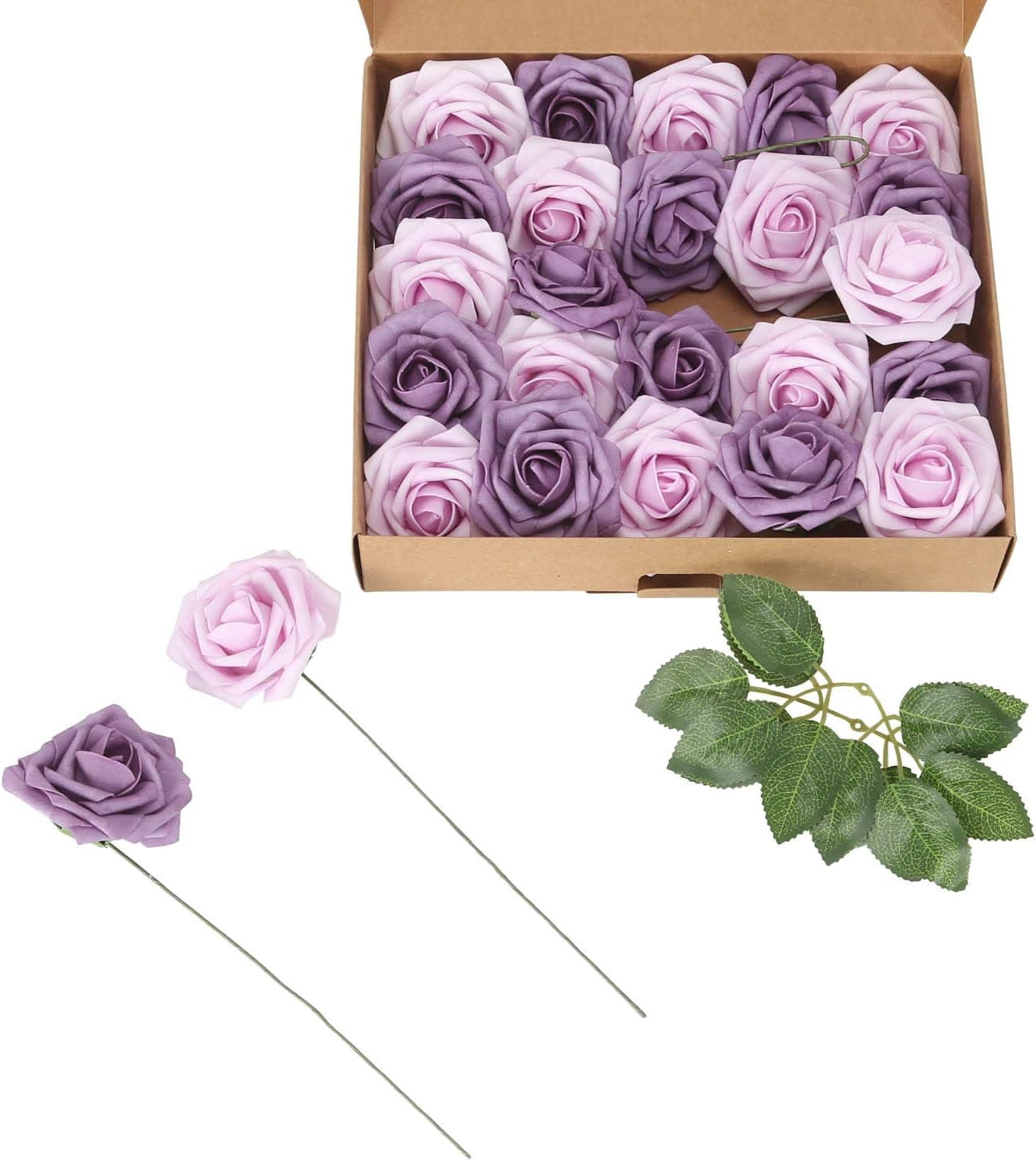 MorNon Artificial Flowers 25Pcs Foam Roses Fake Flowers with Stems for Wedding Centerpieces Home Garden DIY Decoration, Purple